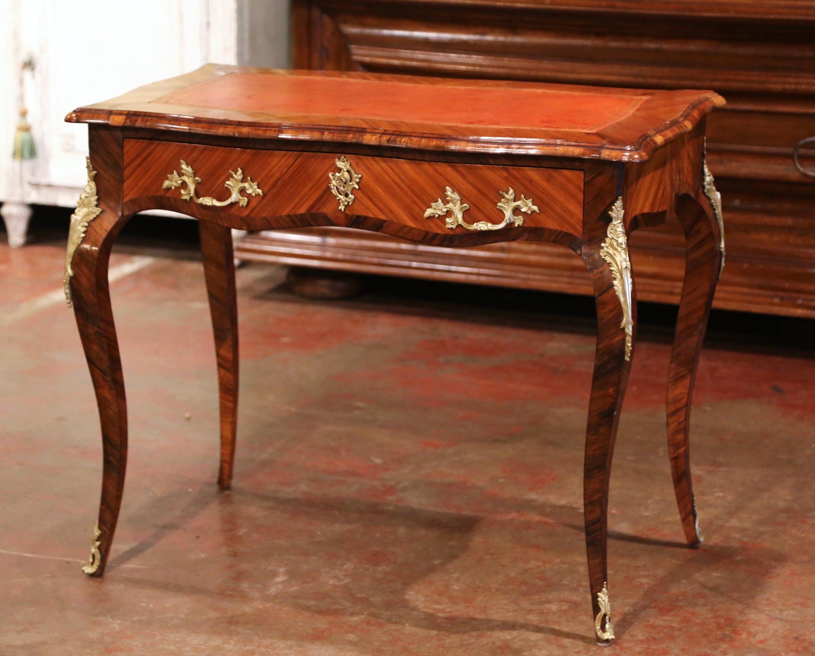 19th Century French Louis XV Leather Top Rosewood Marquetry & Bronze Ladies Desk For Sale 1