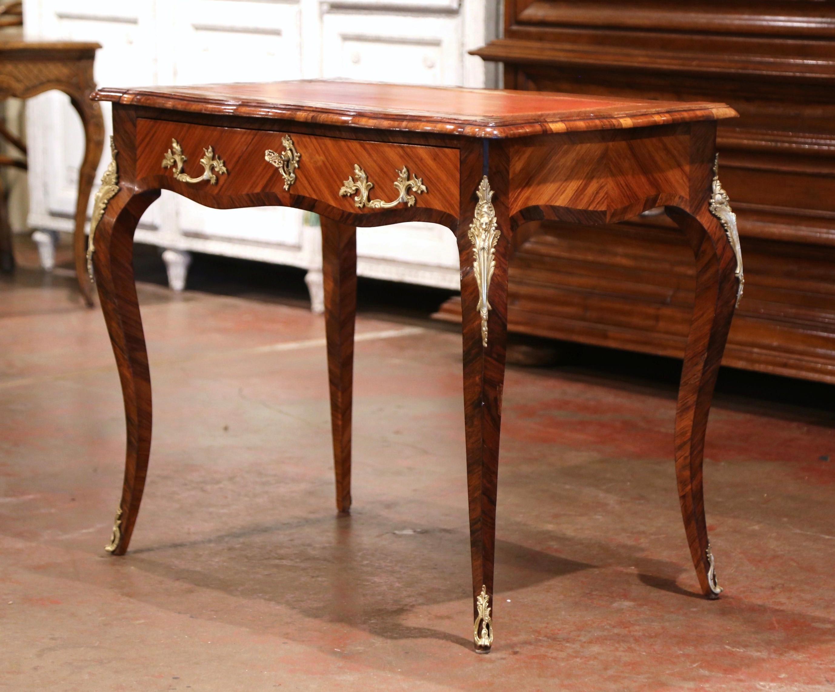 19th Century French Louis XV Leather Top Rosewood Marquetry & Bronze Ladies Desk For Sale 2