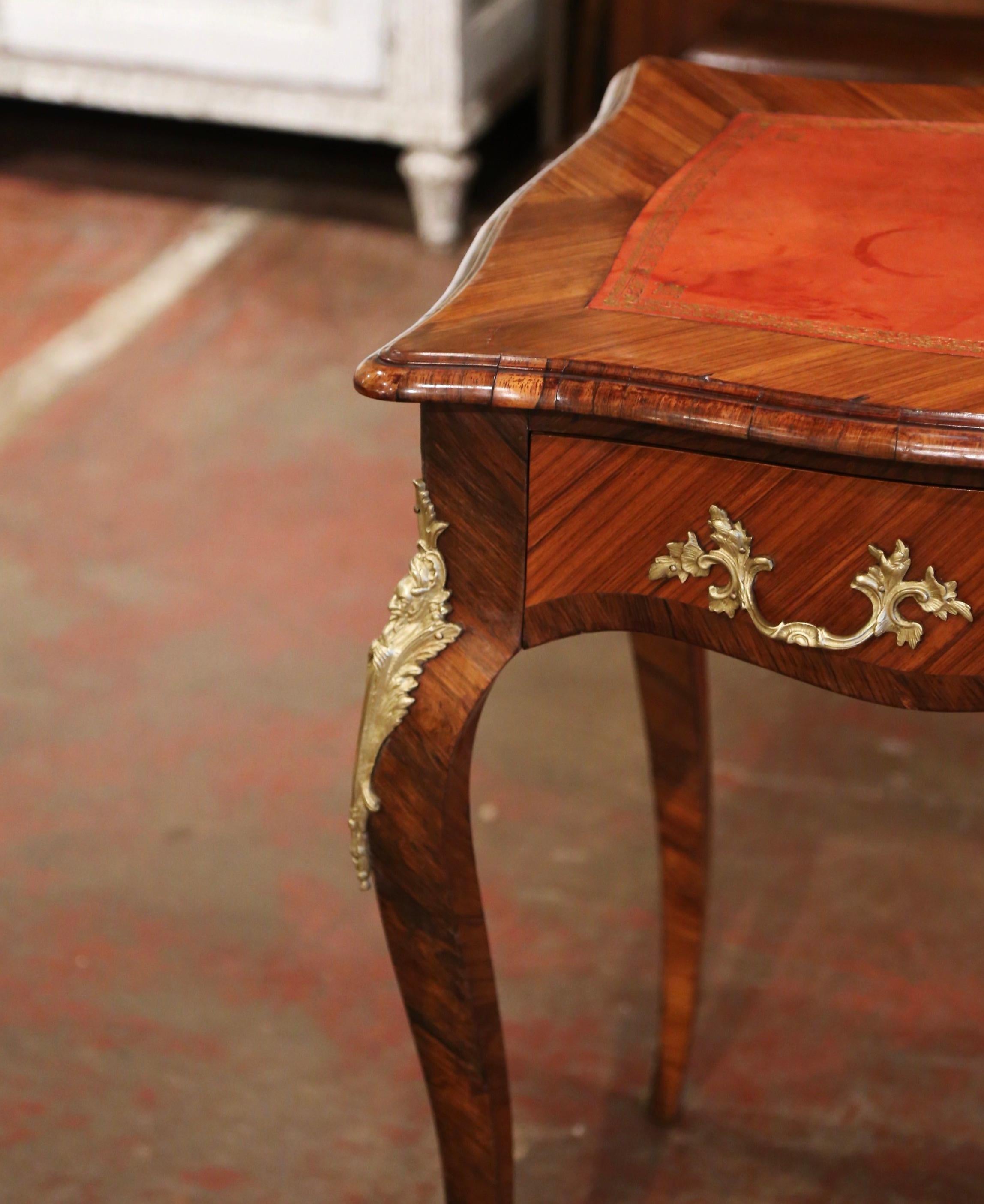 19th Century French Louis XV Leather Top Rosewood Marquetry & Bronze Ladies Desk For Sale 4