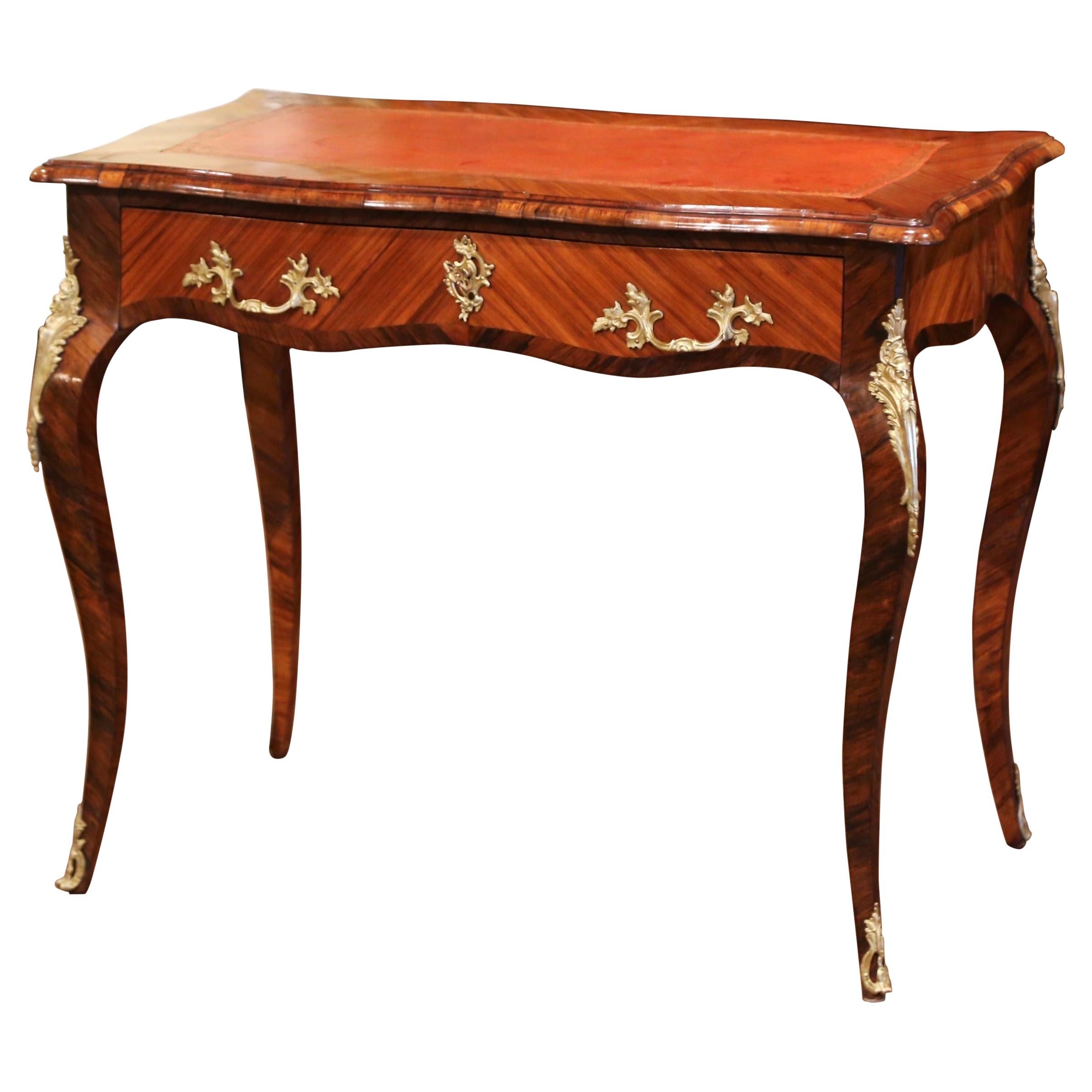 19th Century French Louis XV Leather Top Rosewood Marquetry & Bronze Ladies Desk For Sale
