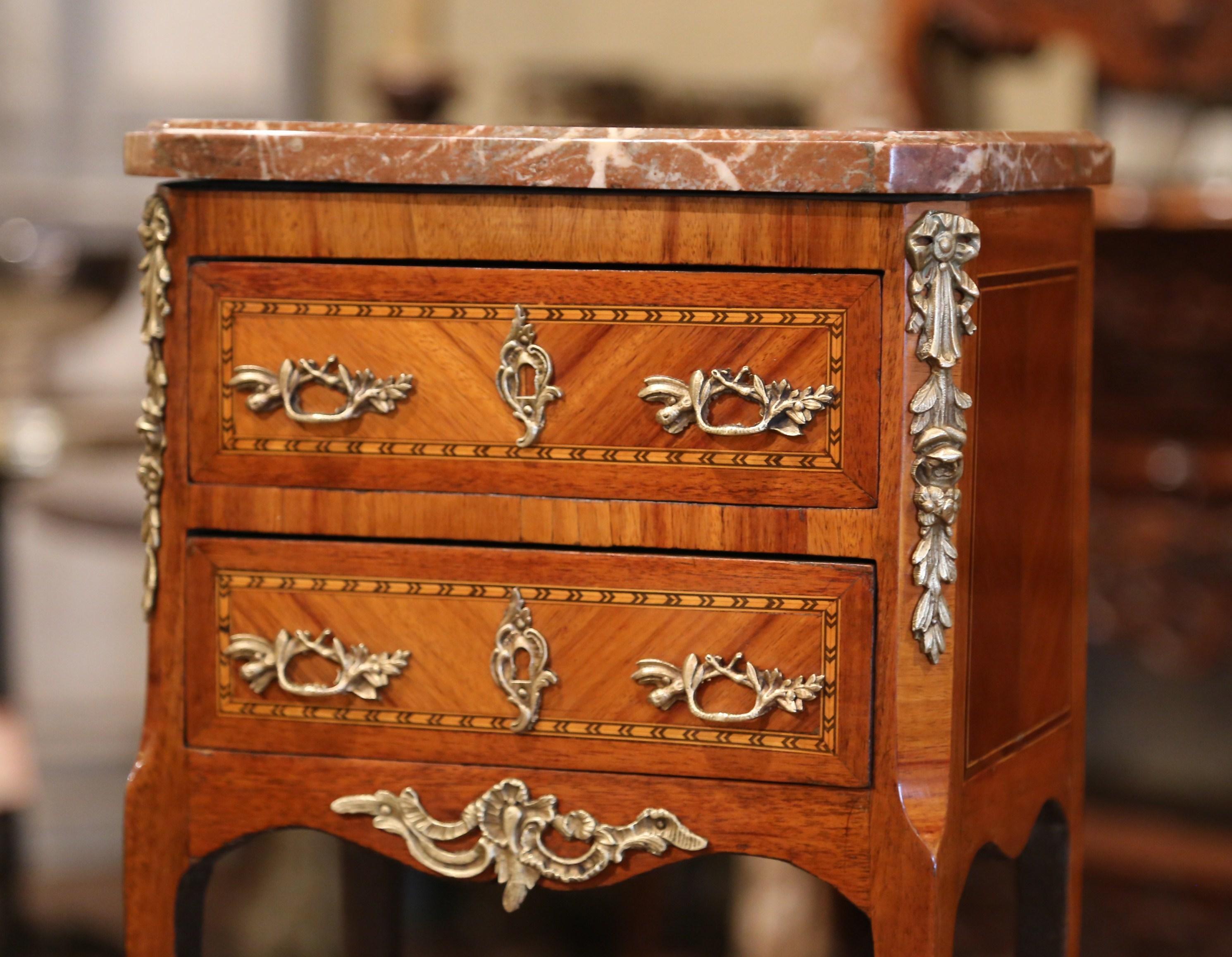 Hand-Carved 19th Century French Louis XV Marquetry and Bronze Miniature Commode with Marble