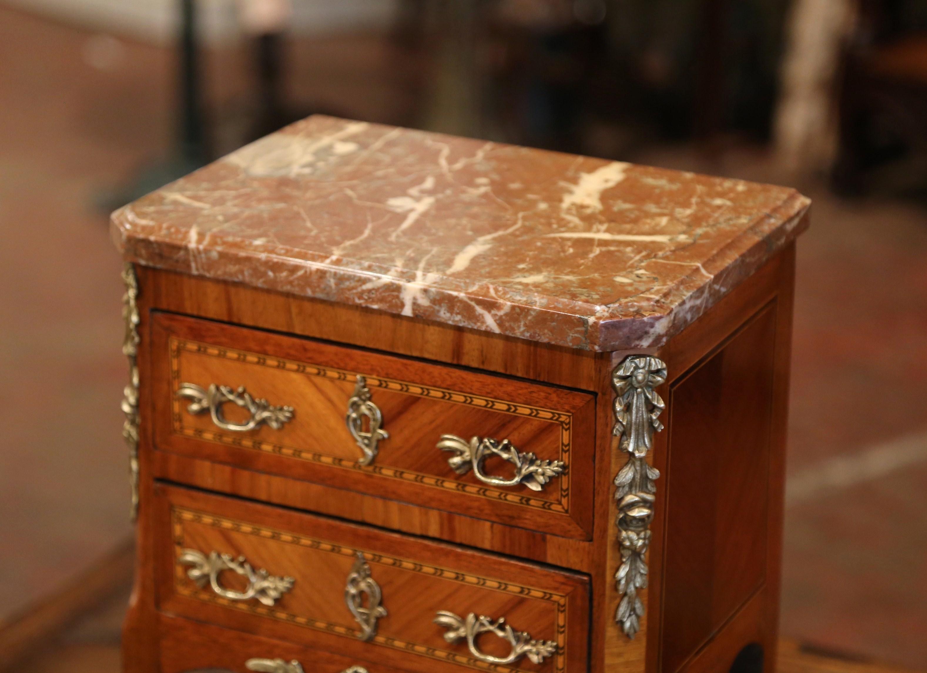 19th Century French Louis XV Marquetry and Bronze Miniature Commode with Marble In Excellent Condition In Dallas, TX