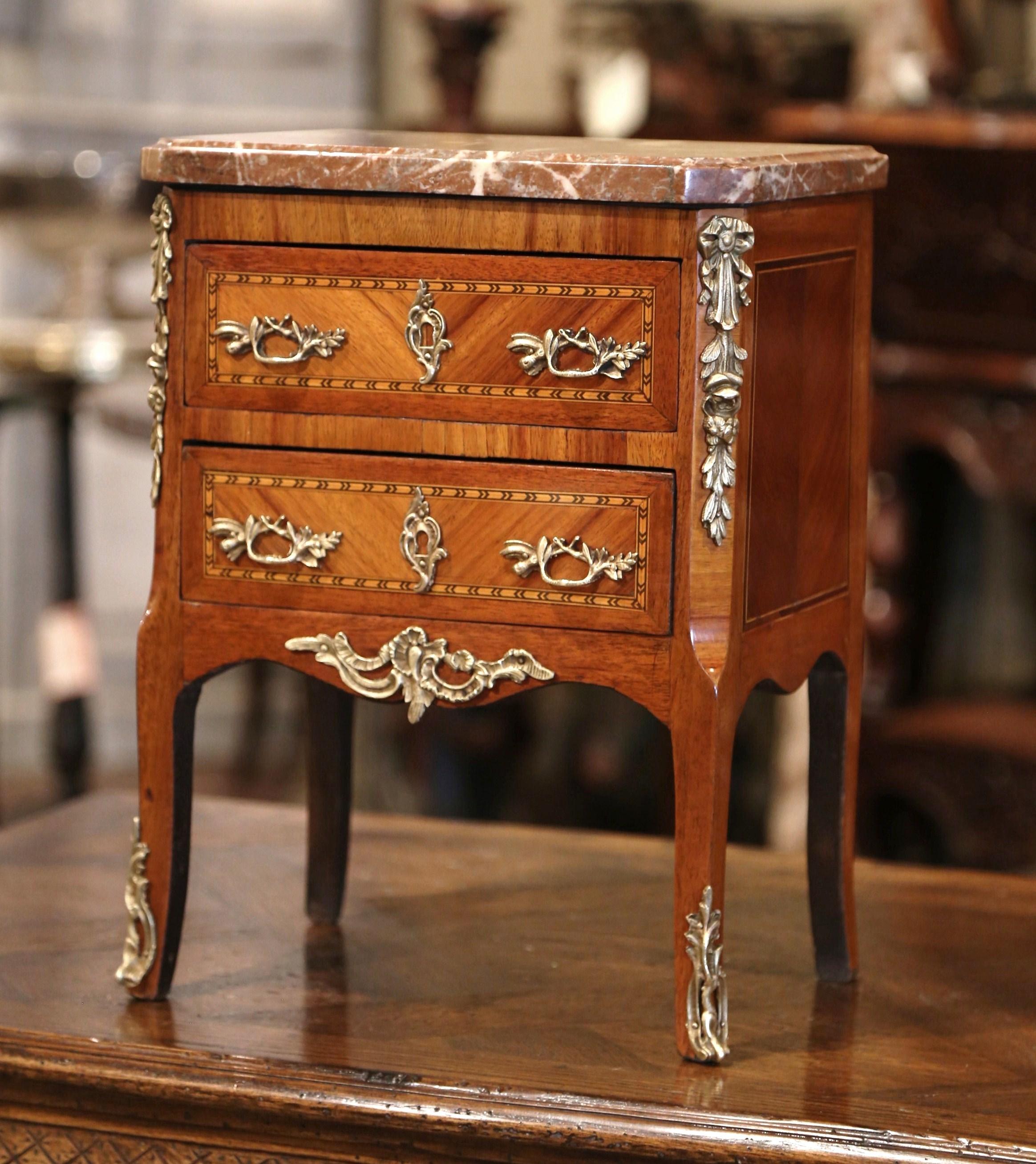 19th Century French Louis XV Marquetry and Bronze Miniature Commode with Marble 1