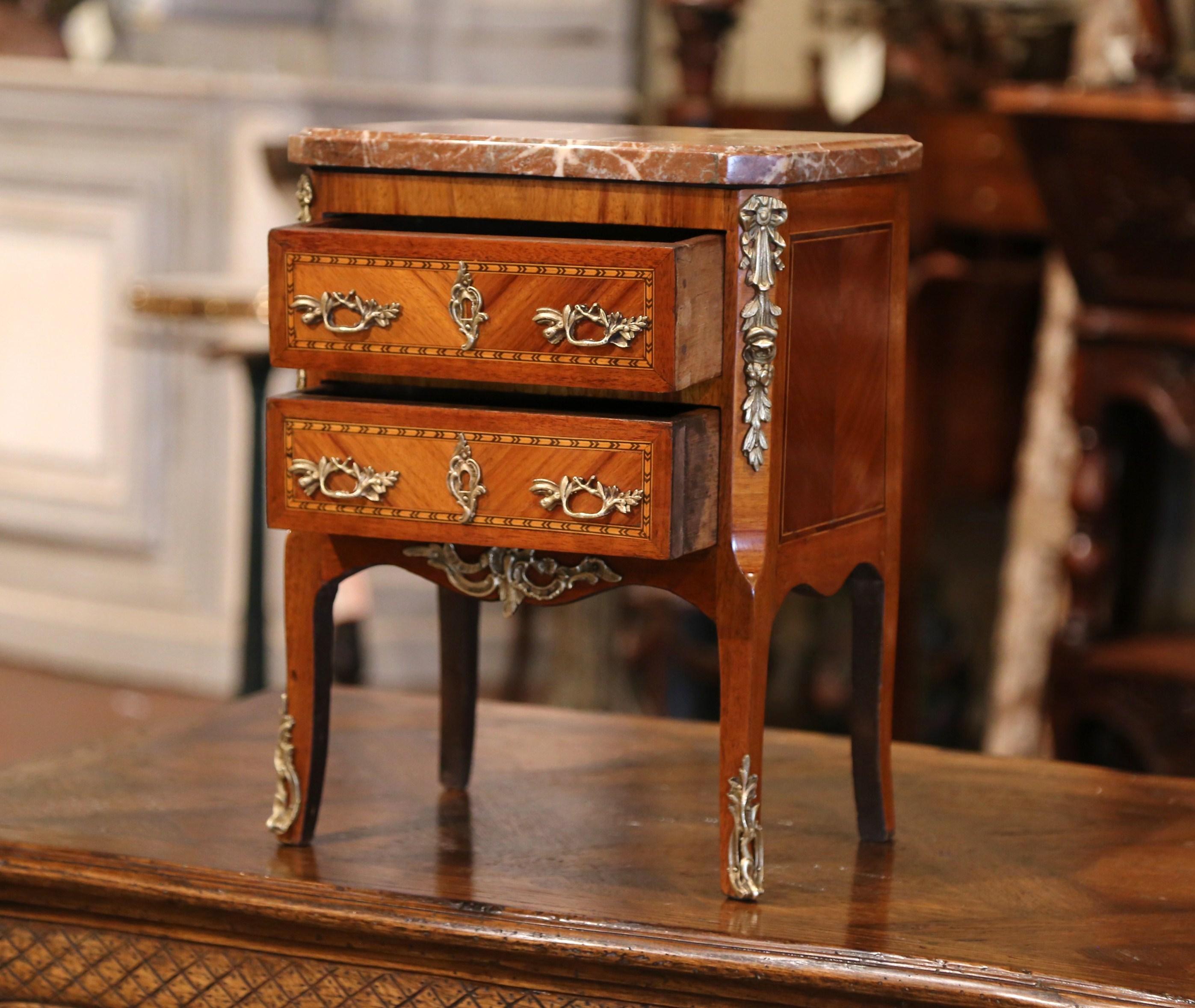 19th Century French Louis XV Marquetry and Bronze Miniature Commode with Marble 2