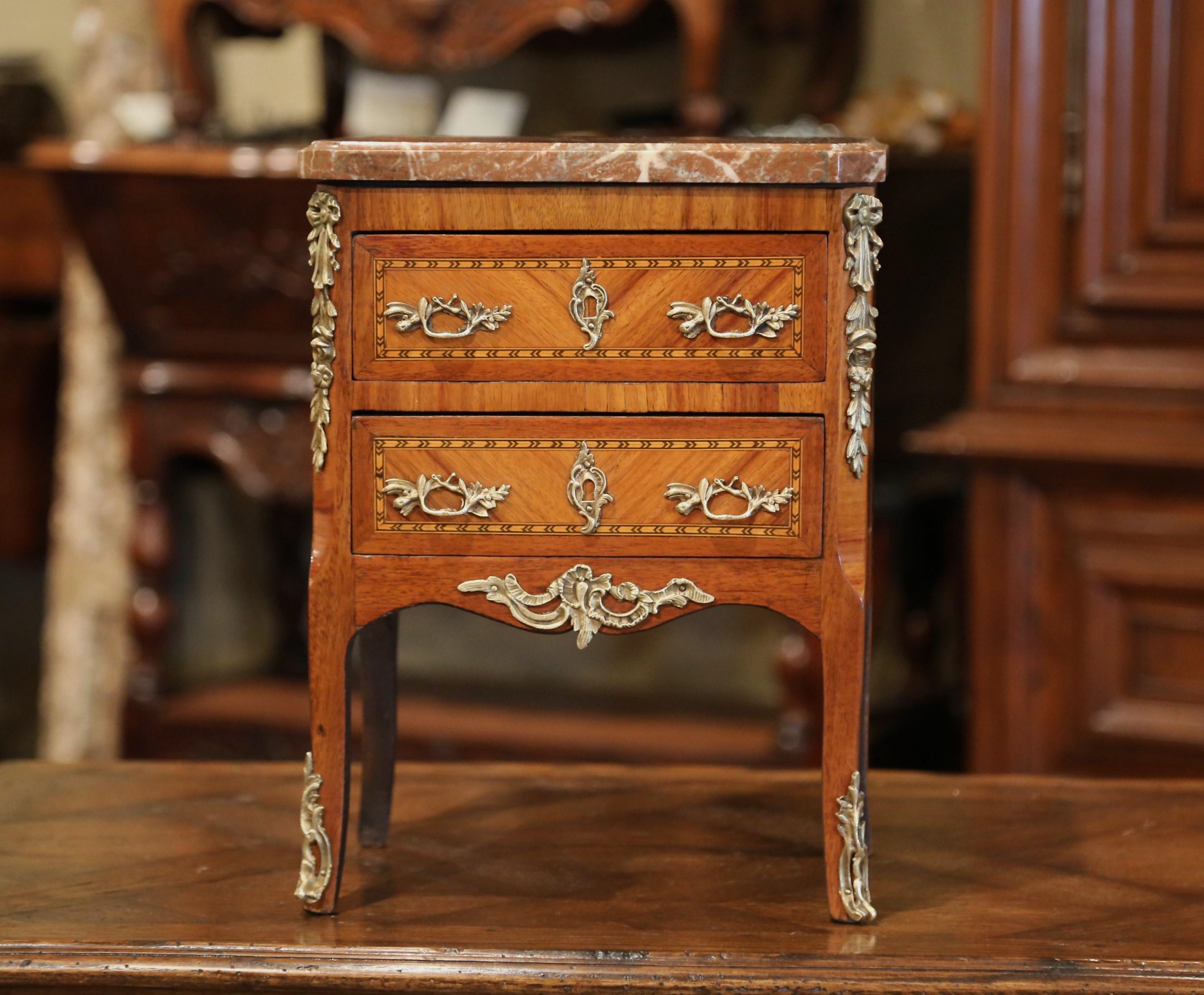 19th Century French Louis XV Marquetry and Bronze Miniature Commode with Marble 4