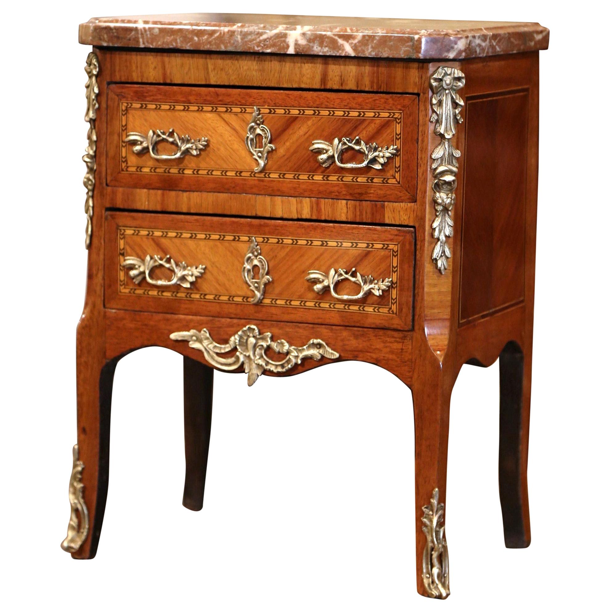19th Century French Louis XV Marquetry and Bronze Miniature Commode with Marble