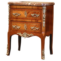 Antique 19th Century French Louis XV Marquetry and Bronze Miniature Commode with Marble