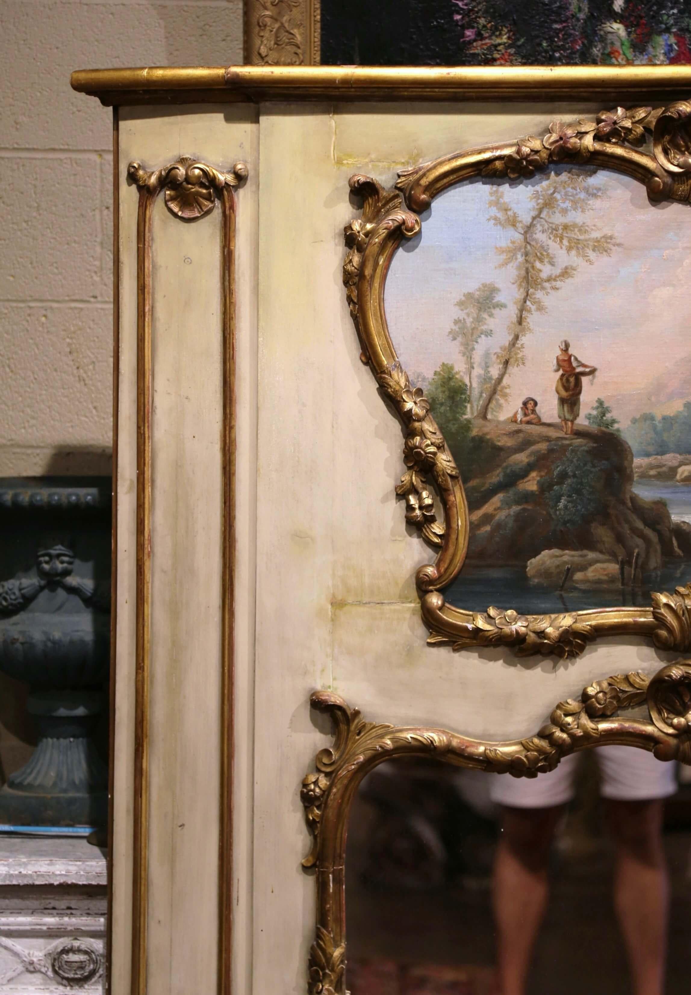 19th Century French Louis XV Painted and Gilt Wood Trumeau Mirror In Excellent Condition In Dallas, TX