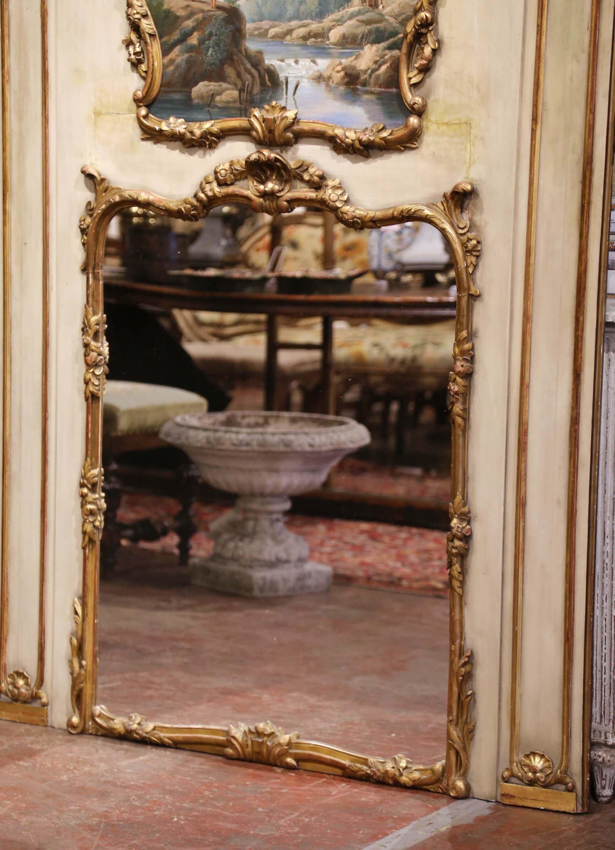 Giltwood 19th Century French Louis XV Painted and Gilt Wood Trumeau Mirror
