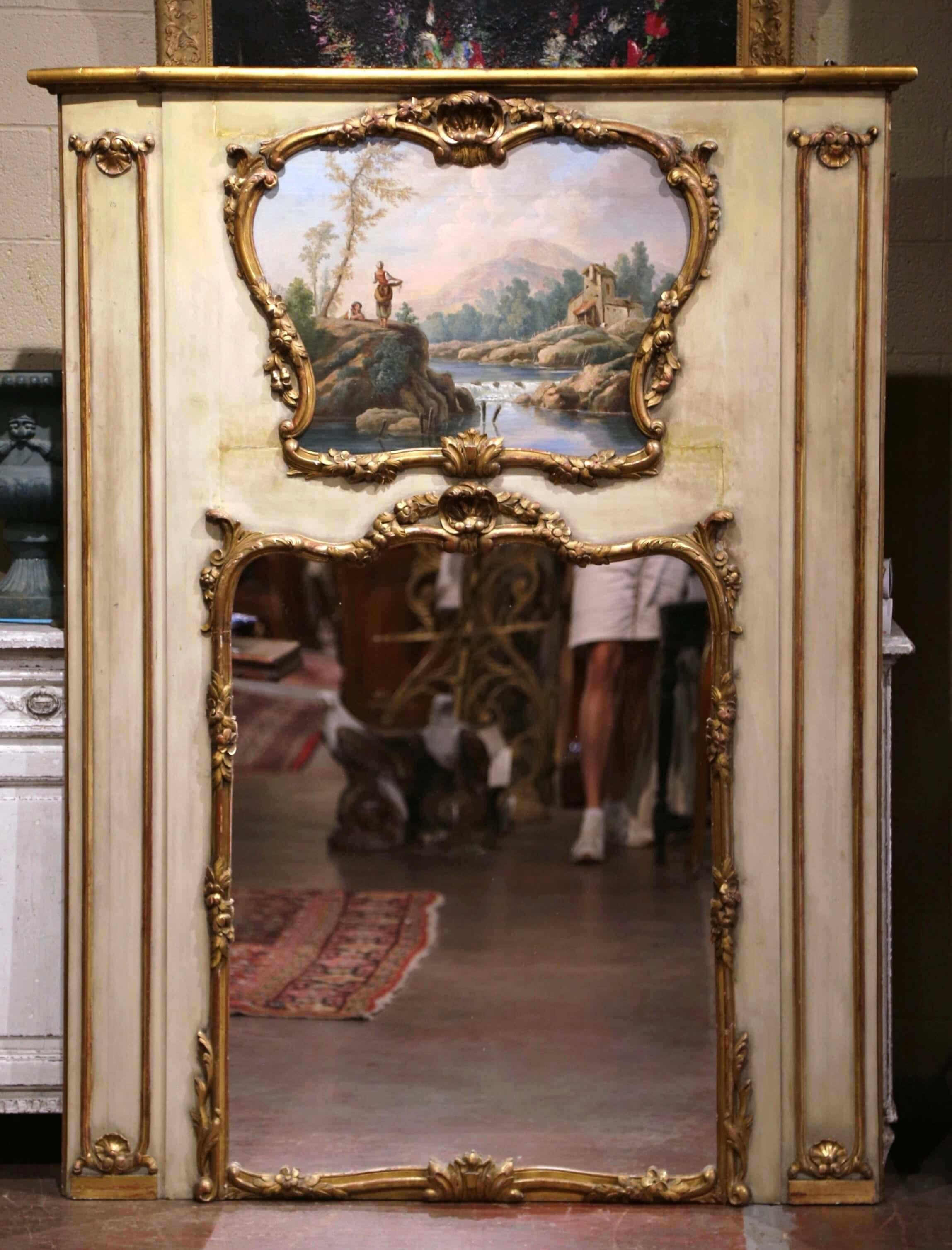 19th Century French Louis XV Painted and Gilt Wood Trumeau Mirror 1