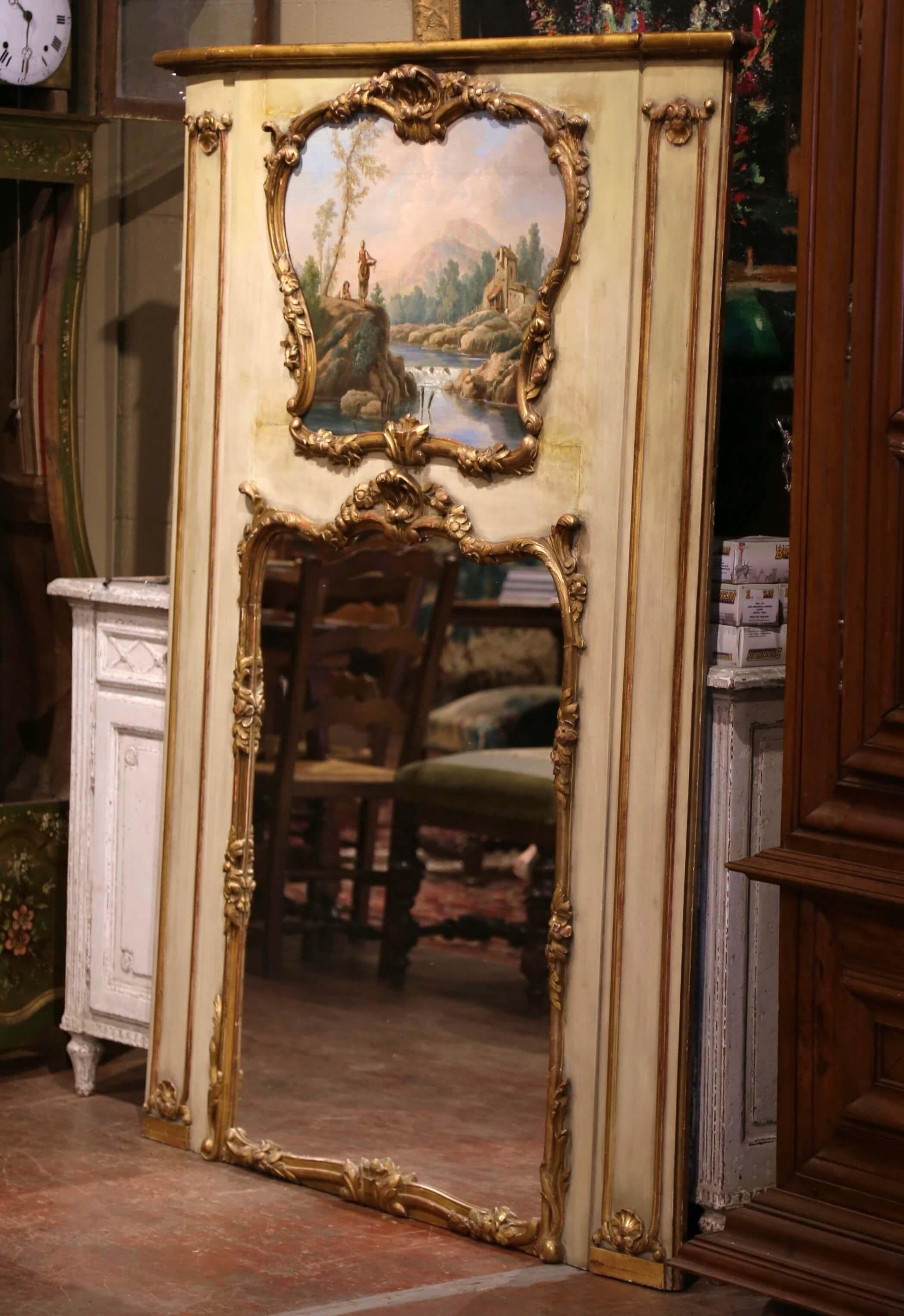 19th Century French Louis XV Painted and Gilt Wood Trumeau Mirror 4