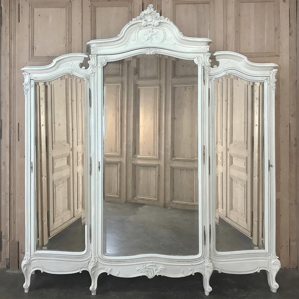 19th century French Louis XV painted bedroom set is an intact three-piece suite that will complete an instant style statement for your bedroom! With a bed adjusted to accept a queen size mattress set, it's up-to-date in comfort, while rooted in