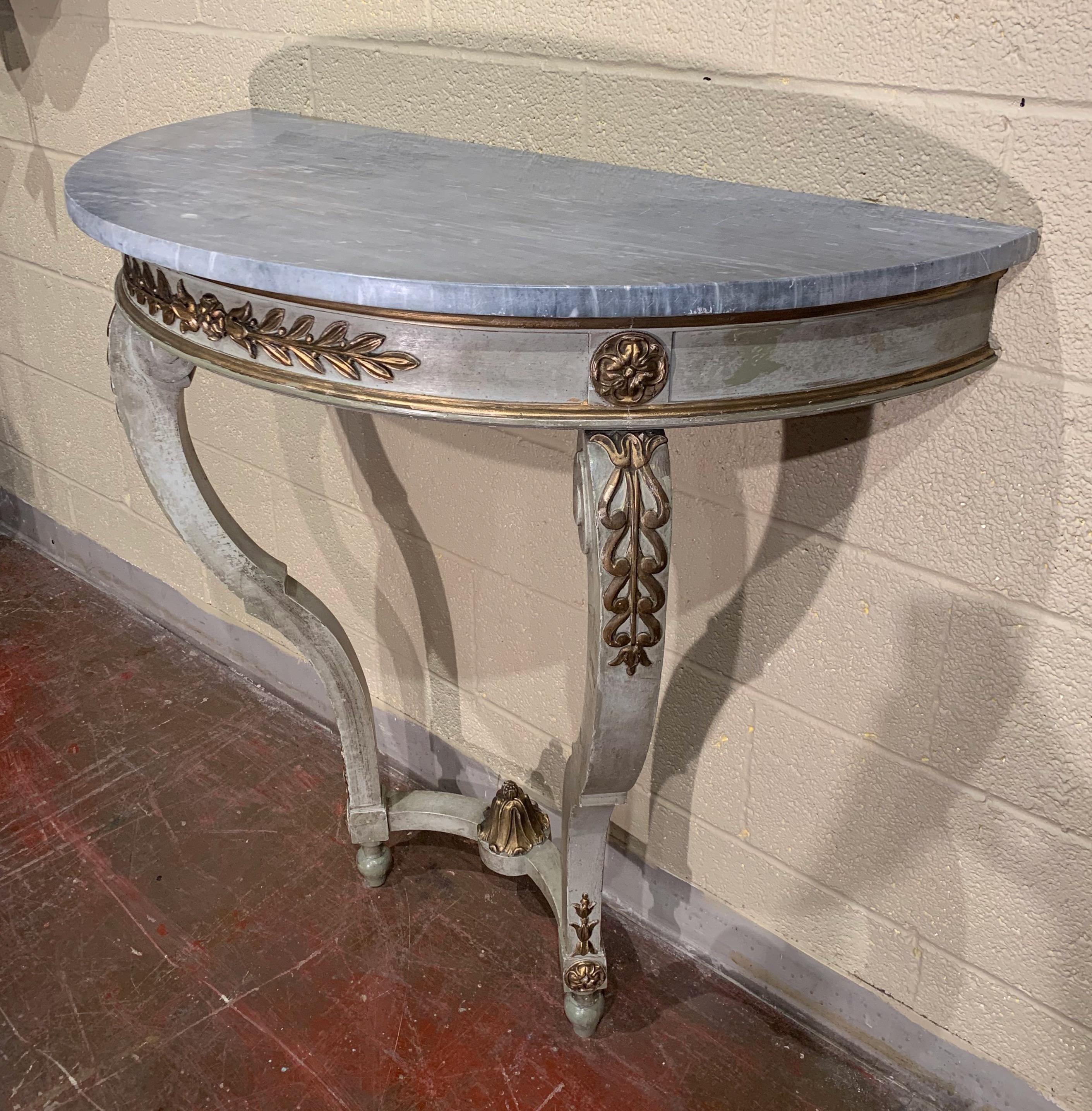 19th Century French Louis XV Painted Demi Lune Console Table with Marble Top 5