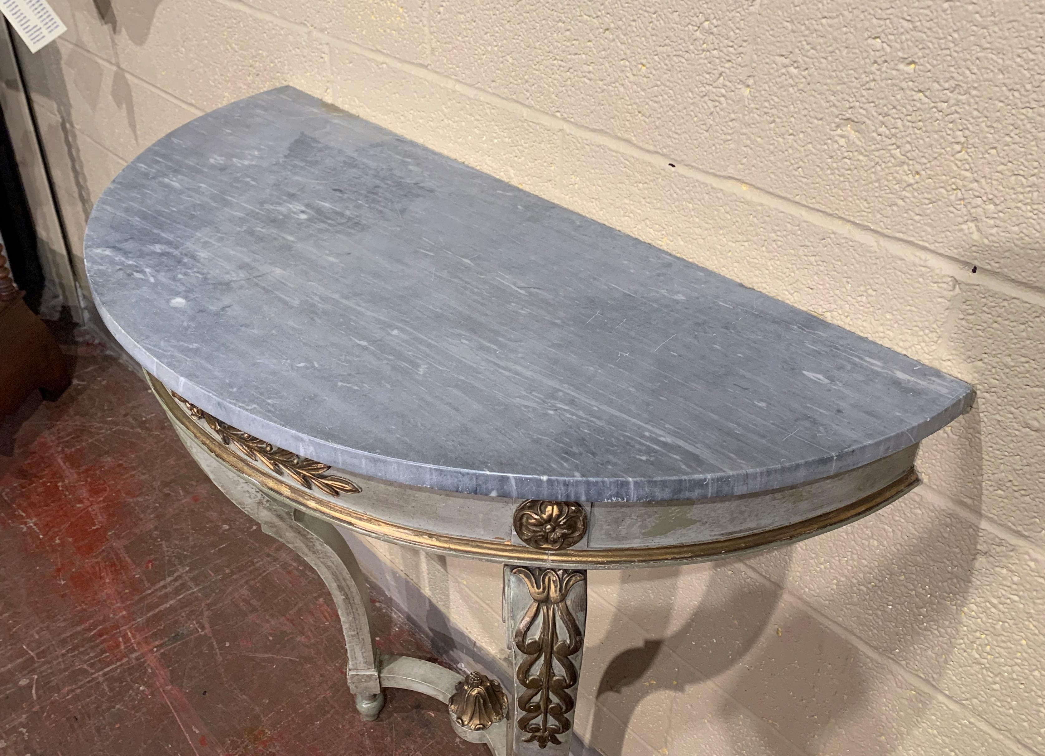 Directoire 19th Century French Louis XV Painted Demi Lune Console Table with Marble Top