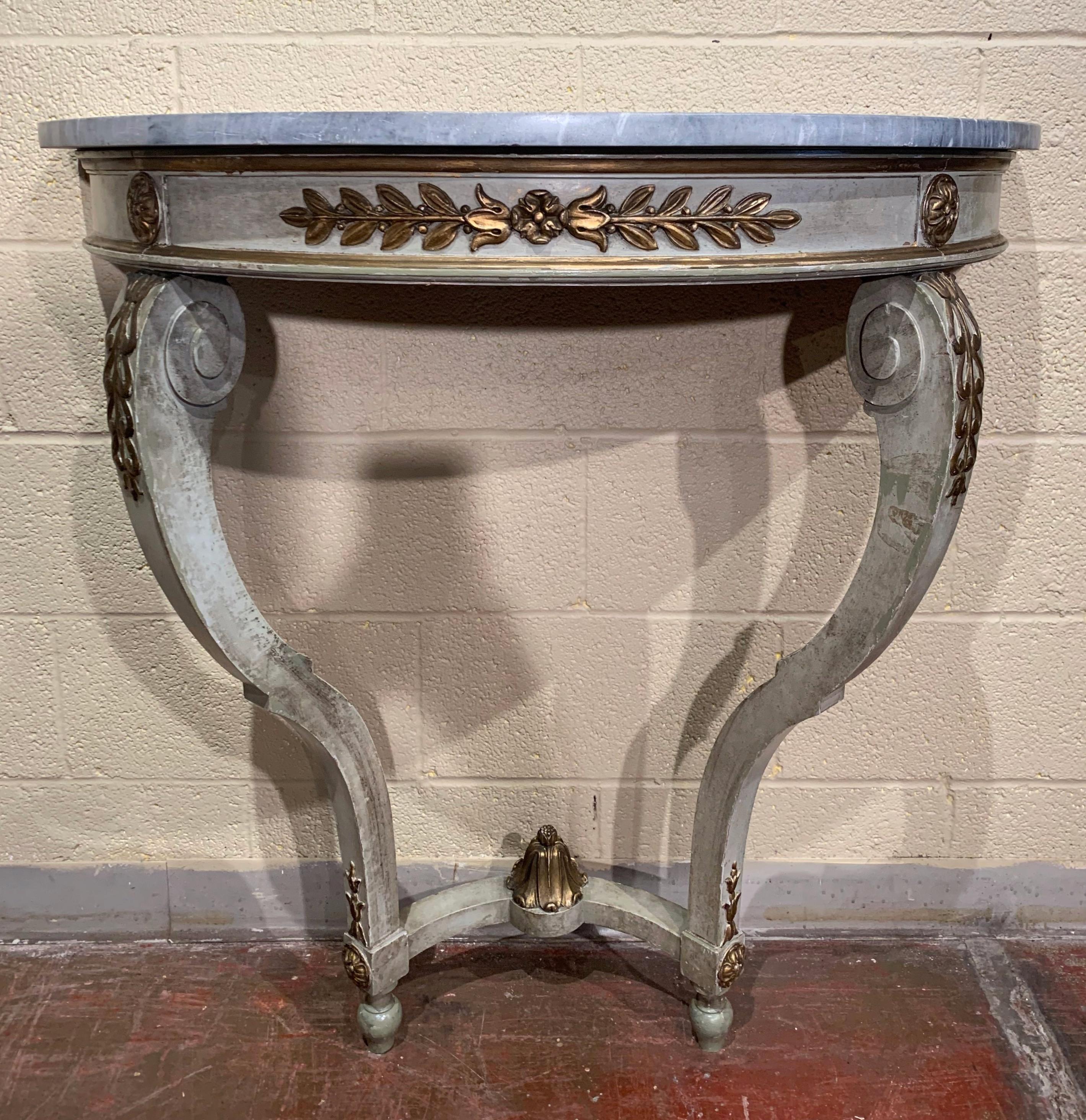 19th Century French Louis XV Painted Demi Lune Console Table with Marble Top In Excellent Condition In Dallas, TX