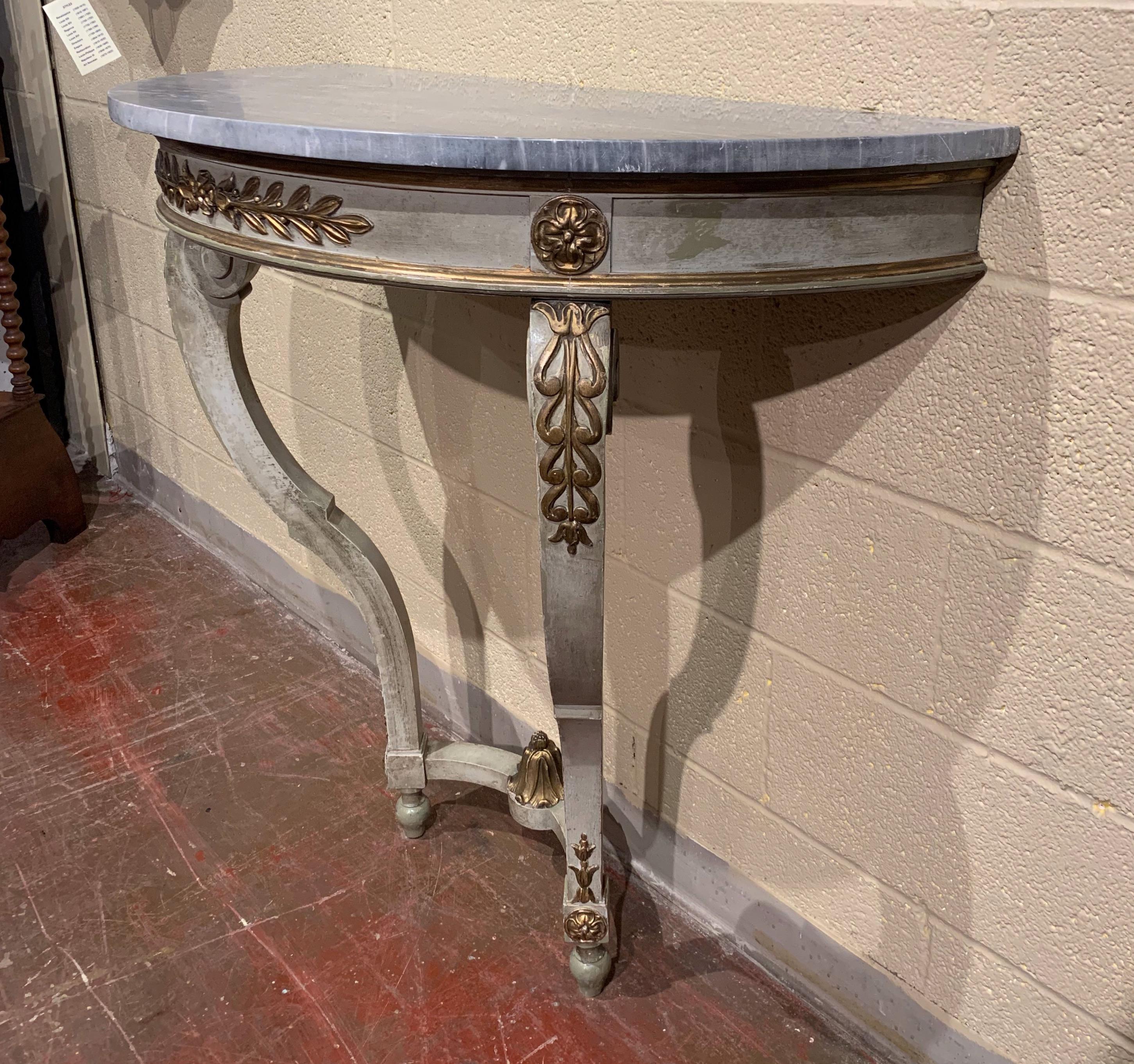 19th Century French Louis XV Painted Demi Lune Console Table with Marble Top 1