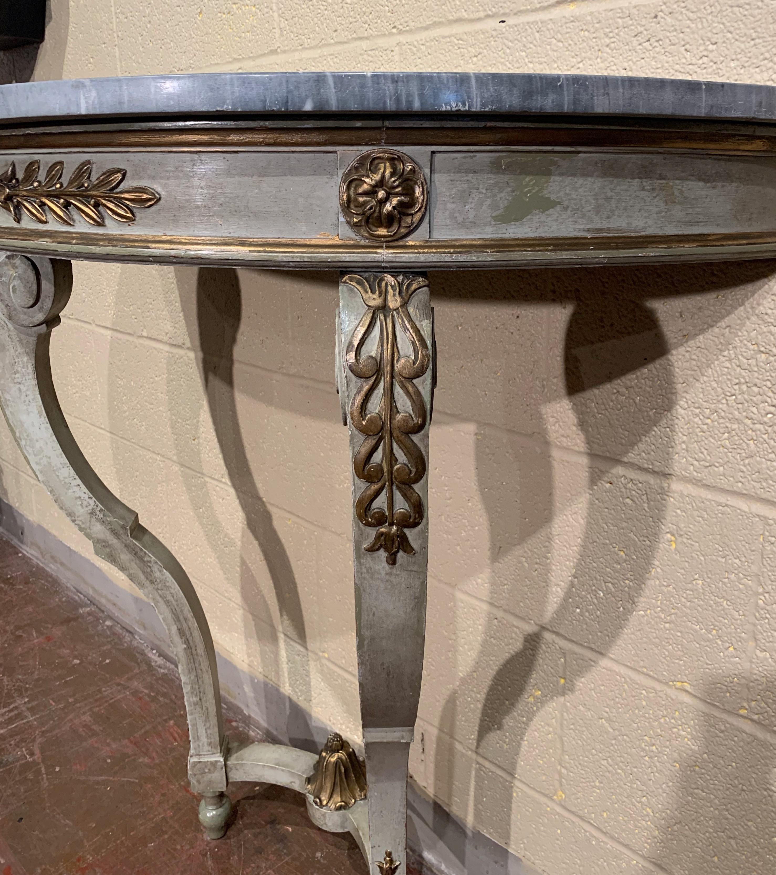 19th Century French Louis XV Painted Demi Lune Console Table with Marble Top 2