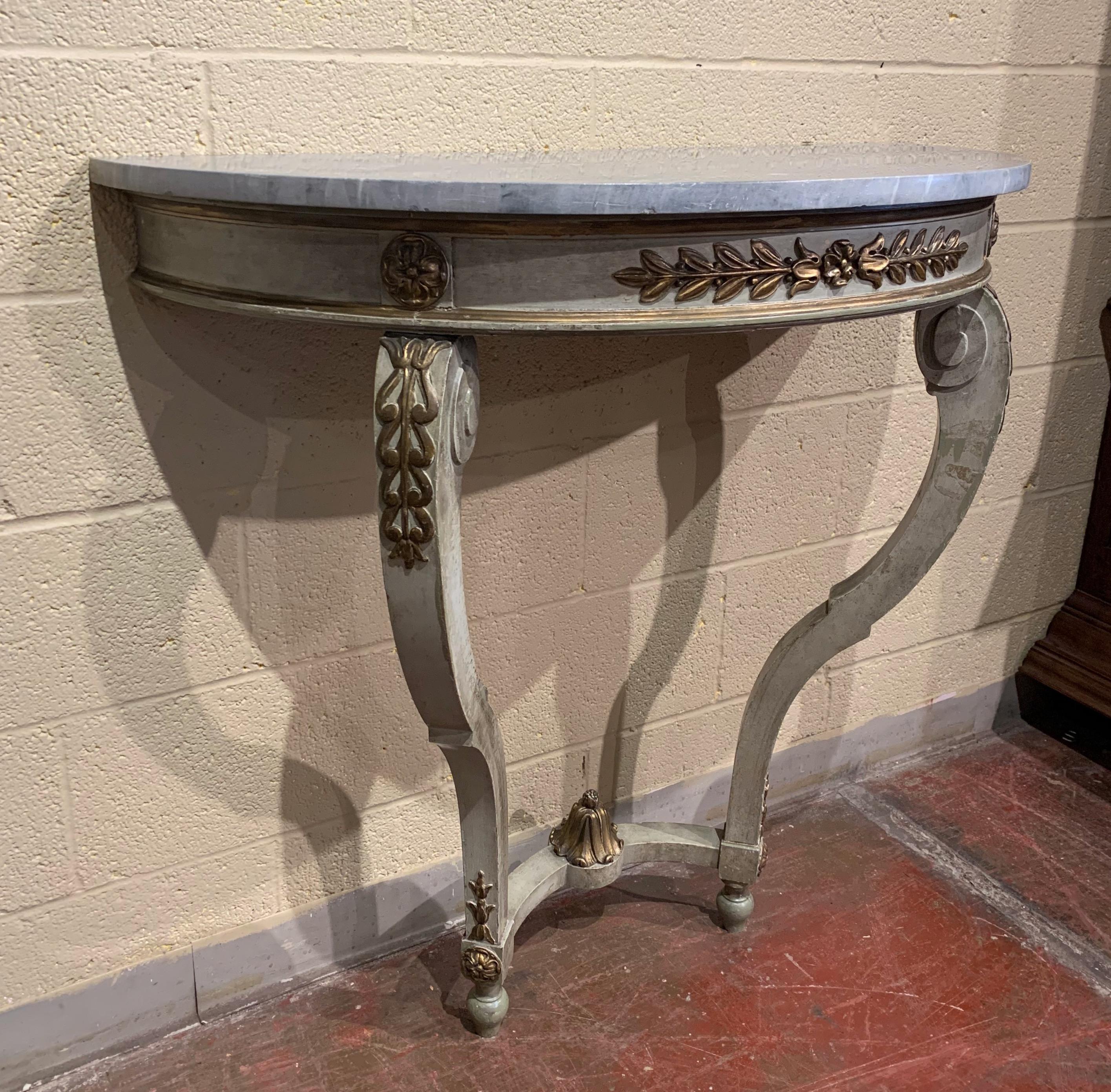 19th Century French Louis XV Painted Demi Lune Console Table with Marble Top 3