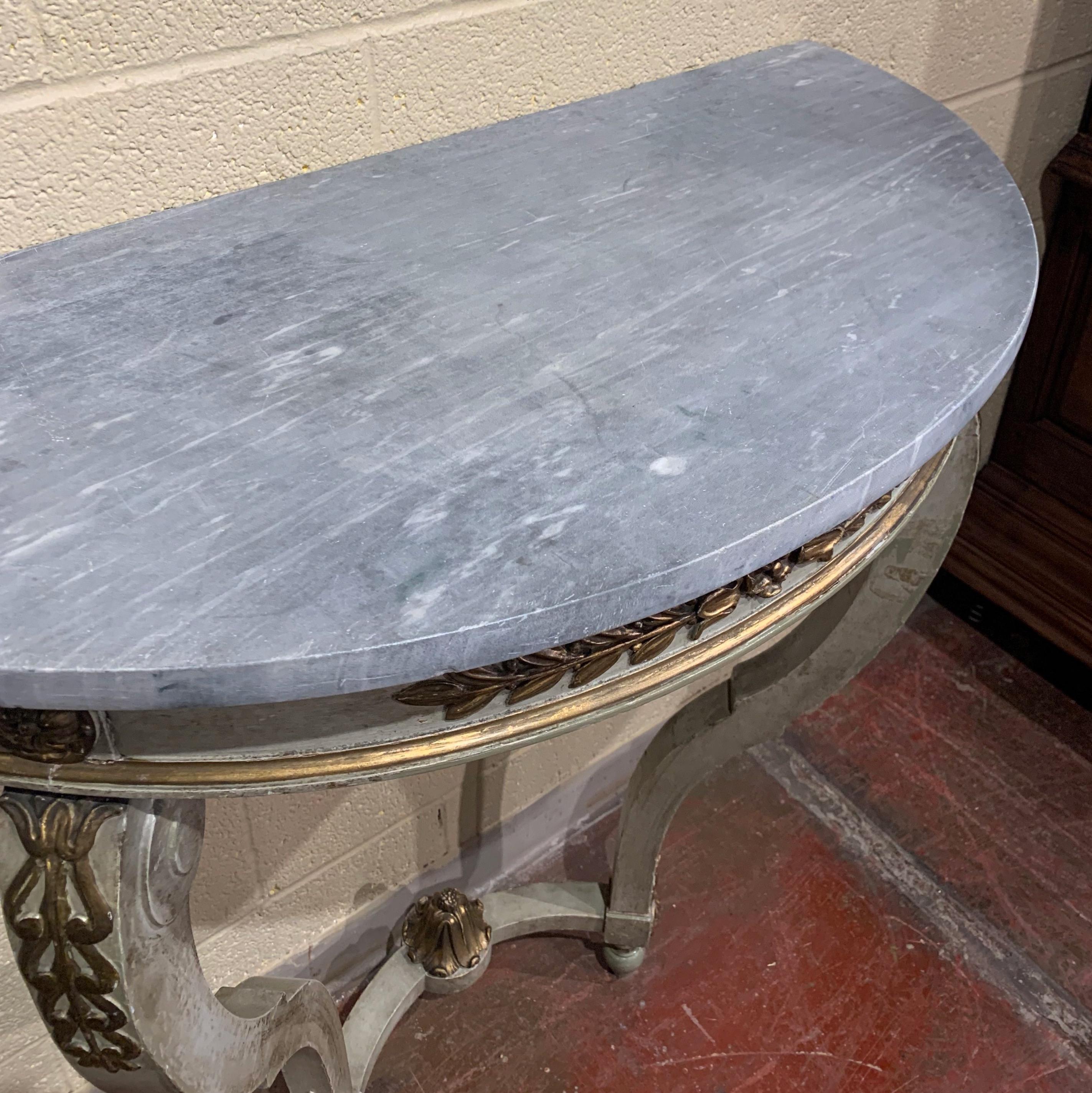 19th Century French Louis XV Painted Demi Lune Console Table with Marble Top 4