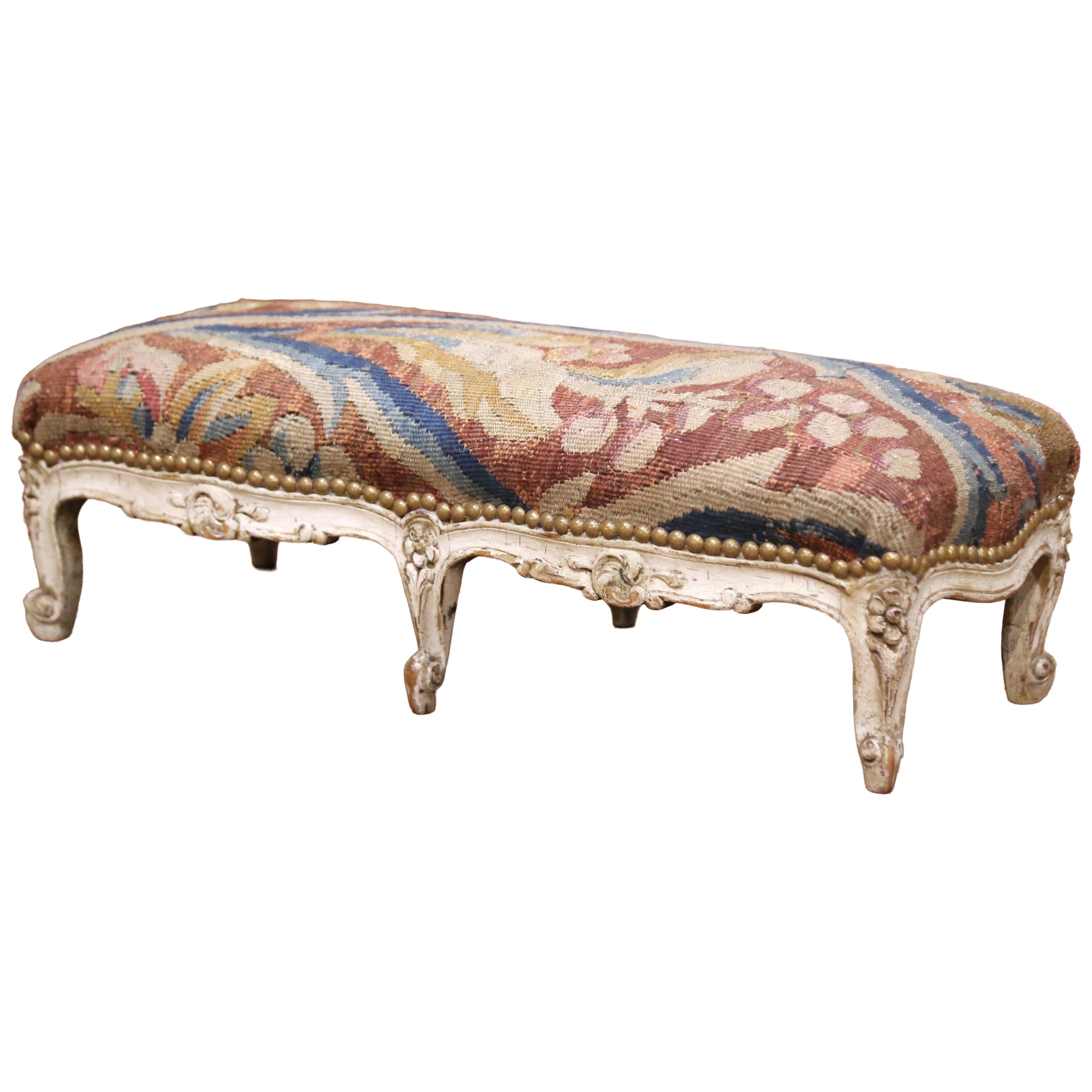19th Century French Louis XV Painted Footstool with Aubusson Tapestry For Sale
