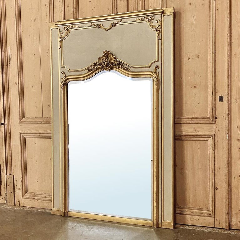 Beveled 19th Century French Louis XV Painted and Gilded Trumeau Mirror For Sale