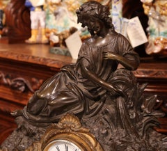 19th Century French Louis XV Patinated Bronze and Marble Mantel Clock