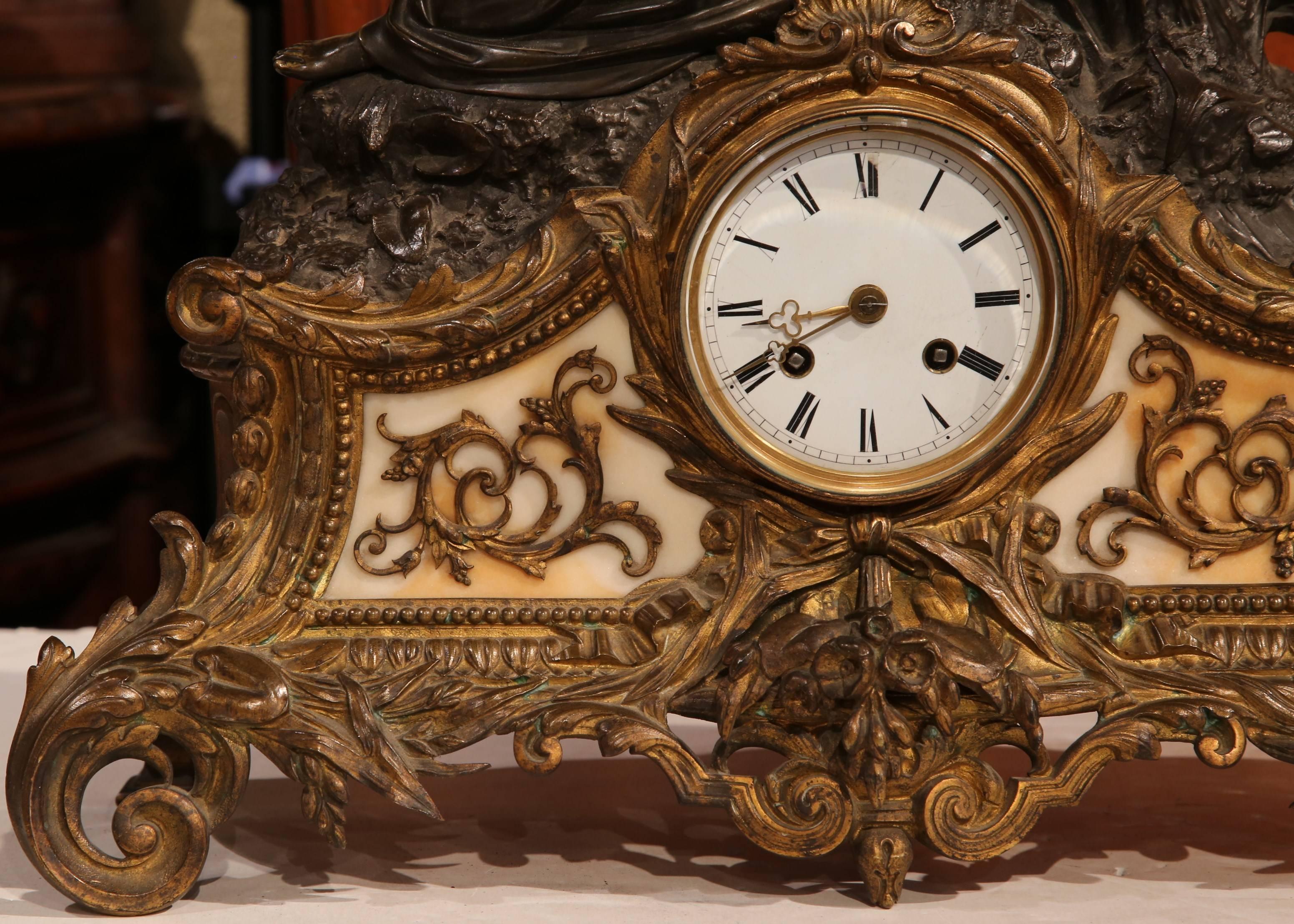 Gilt 19th Century French Louis XV Patinated Bronze and Marble Mantel Clock For Sale