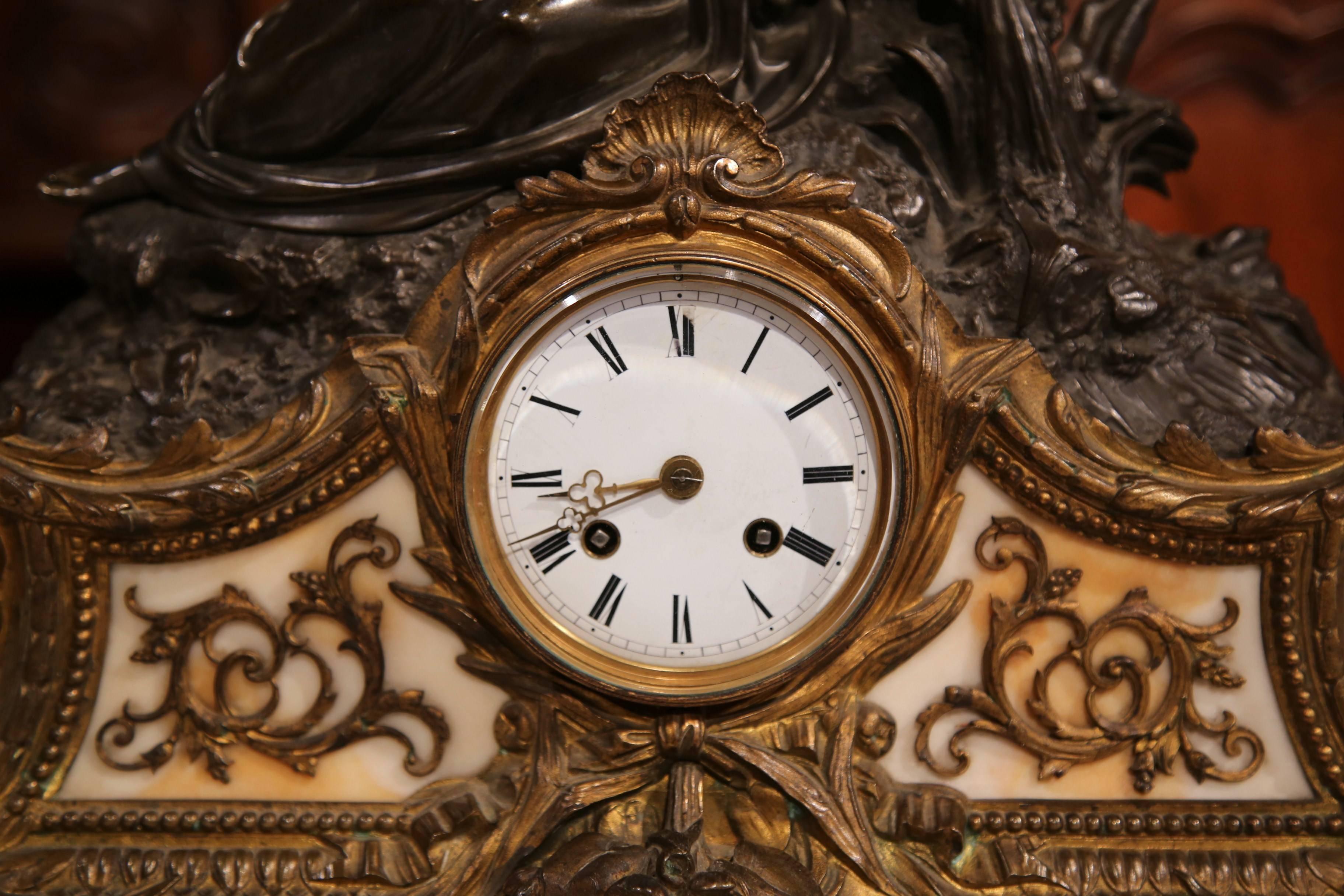 19th Century French Louis XV Patinated Bronze and Marble Mantel Clock In Excellent Condition For Sale In Dallas, TX