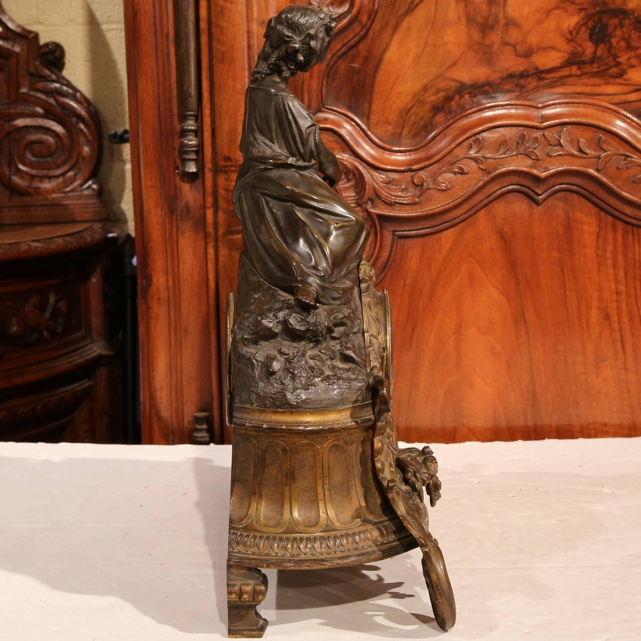 19th Century French Louis XV Patinated Bronze and Marble Mantel Clock 2