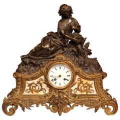 19th Century French Louis XV Patinated Bronze and Marble Mantel Clock