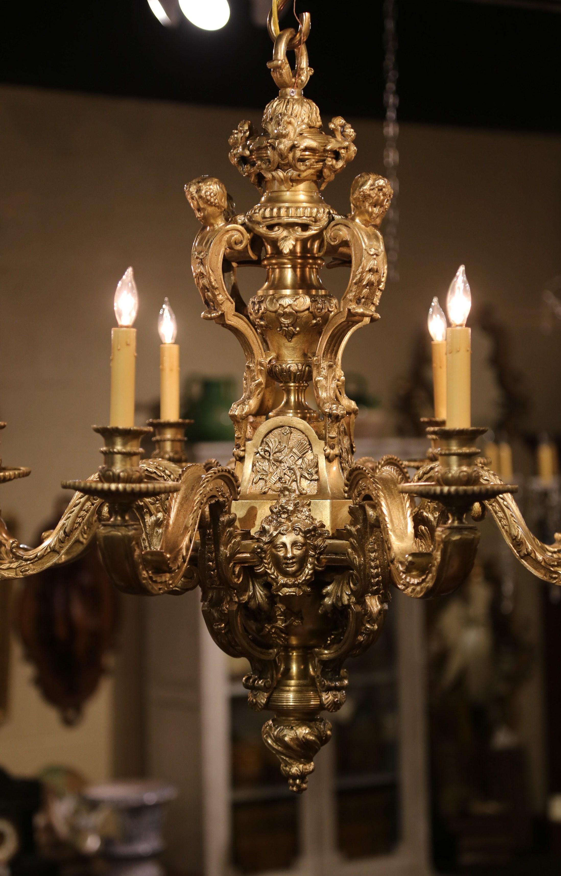 19th Century French Louis XV Patinated Bronze Dore Eight-Light Chandelier For Sale 7