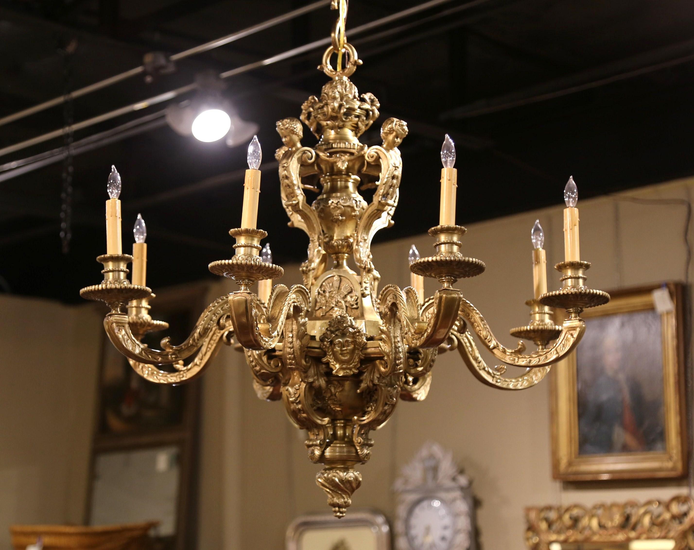 19th Century French Louis XV Patinated Bronze Dore Eight-Light Chandelier For Sale 8