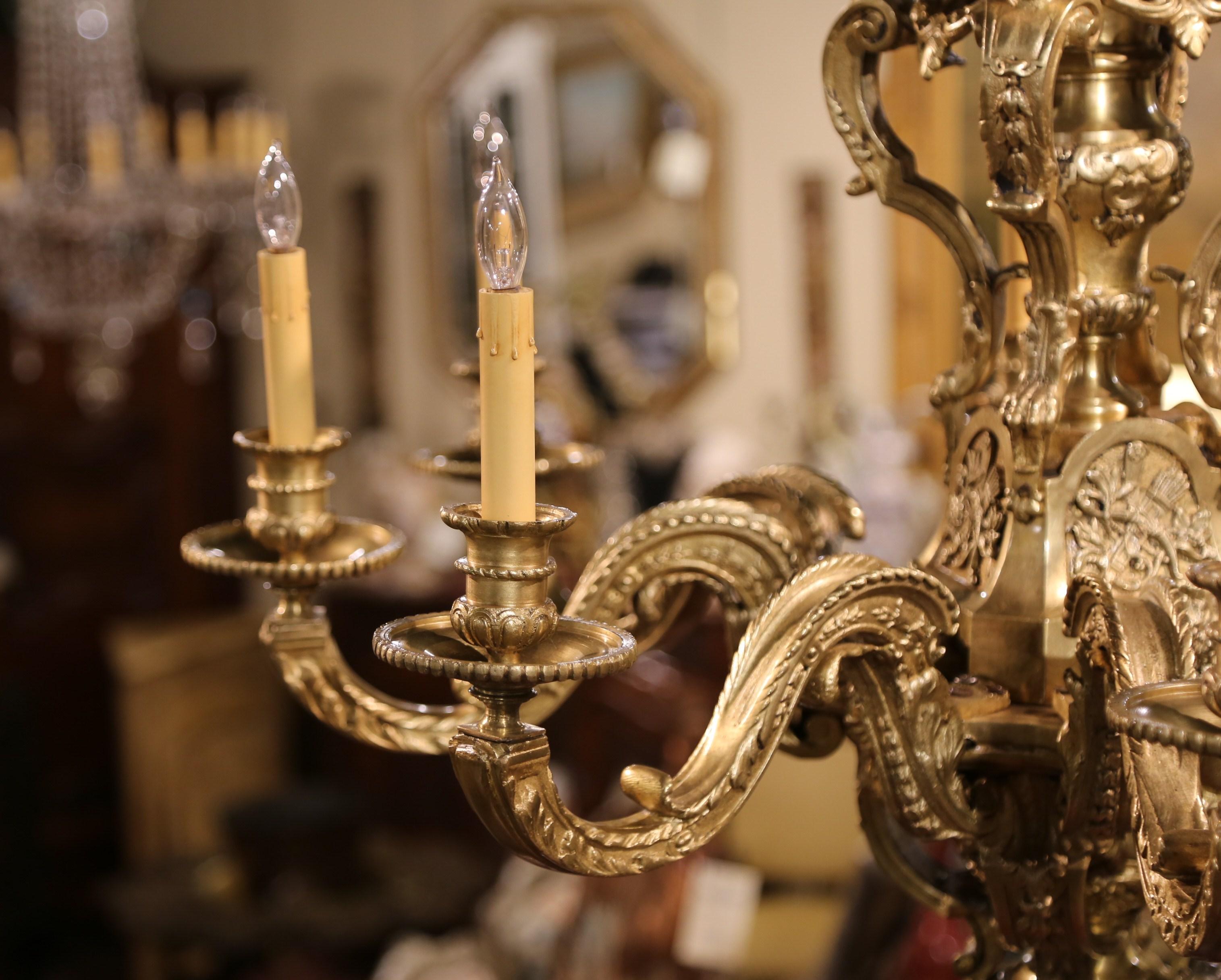 19th Century French Louis XV Patinated Bronze Dore Eight-Light Chandelier For Sale 9