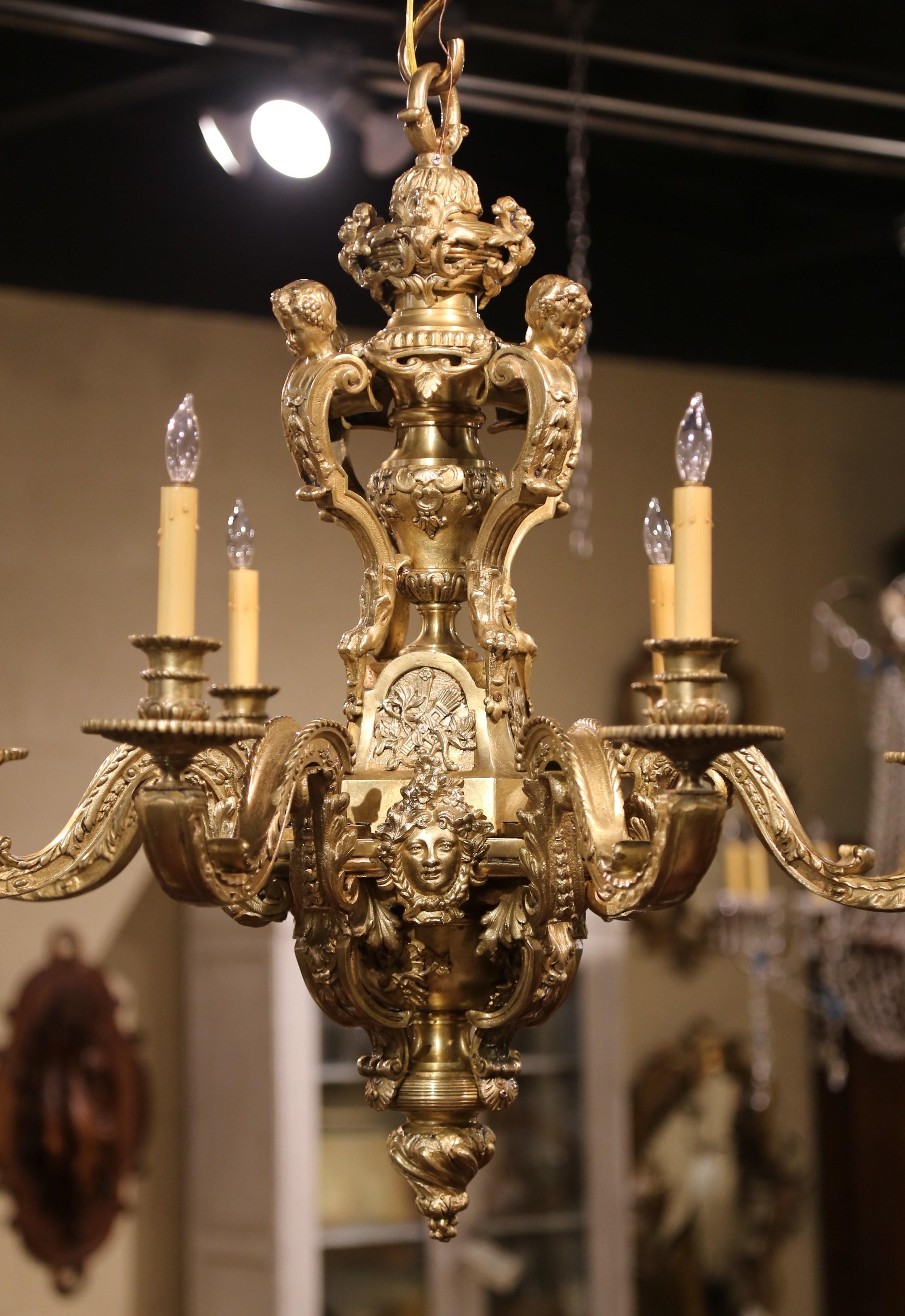 Hand-Crafted 19th Century French Louis XV Patinated Bronze Dore Eight-Light Chandelier