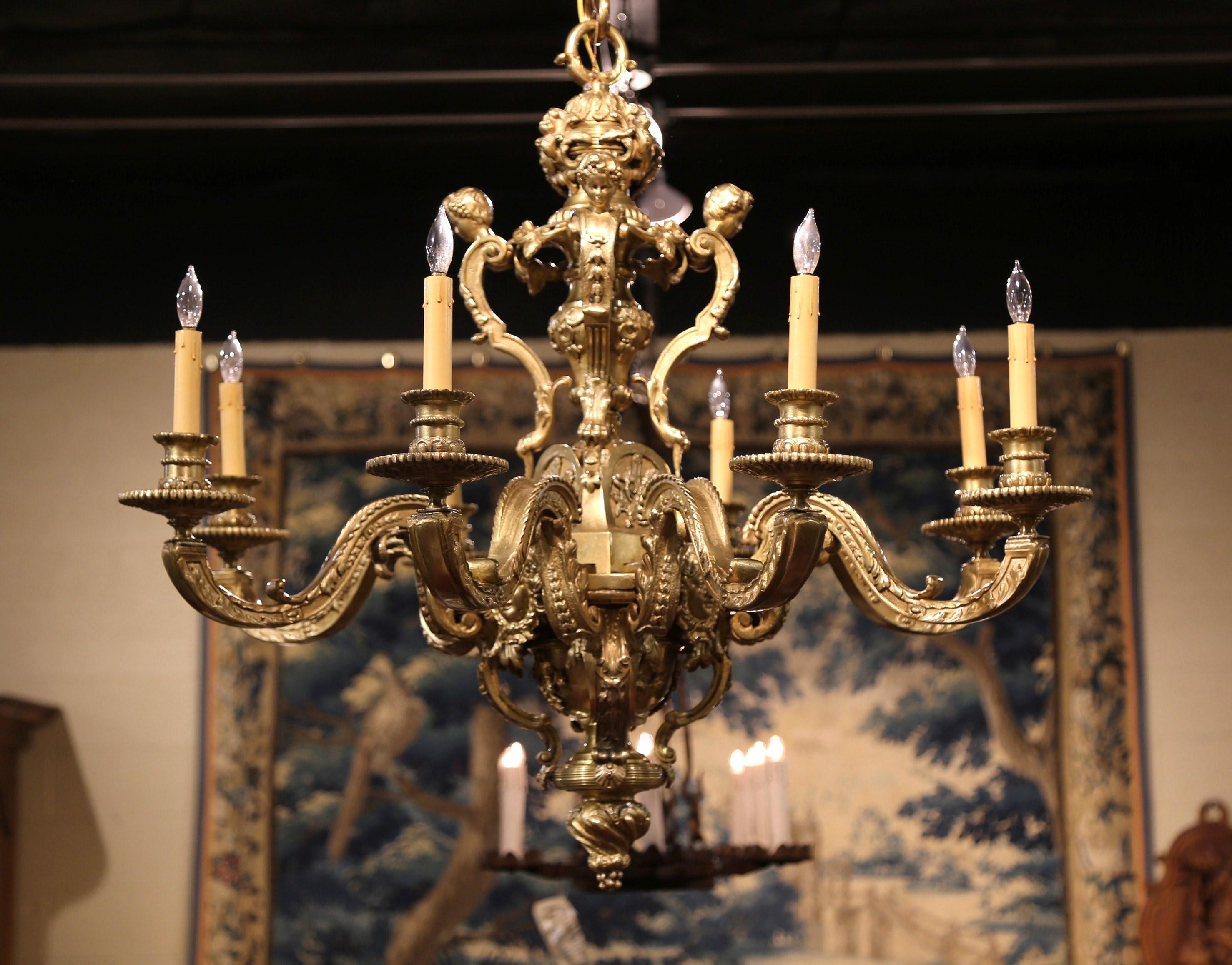 19th Century French Louis XV Patinated Bronze Dore Eight-Light Chandelier In Excellent Condition In Dallas, TX