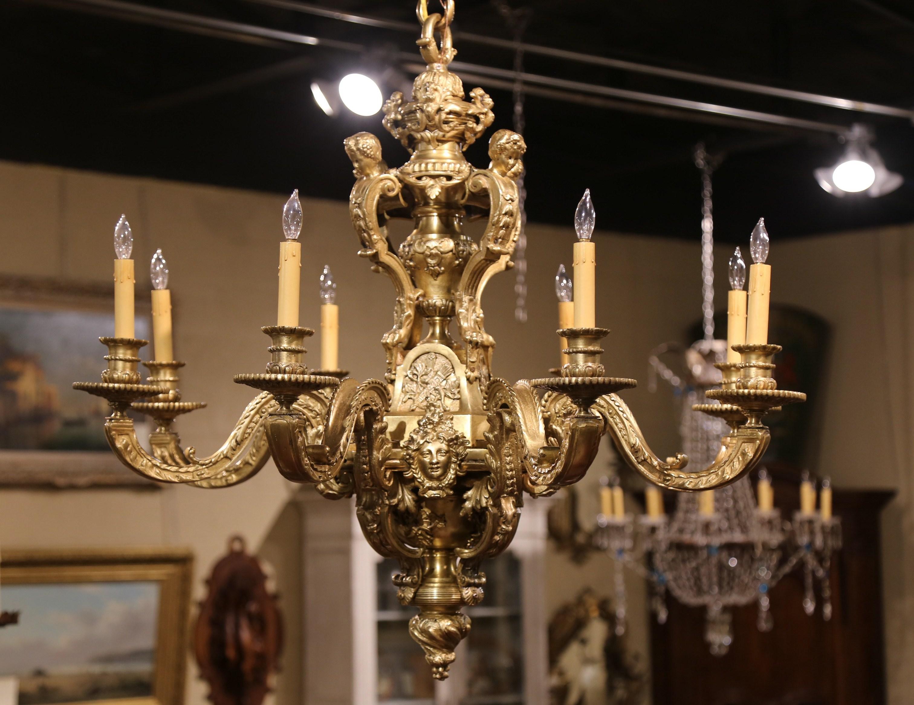 19th Century French Louis XV Patinated Bronze Dore Eight-Light Chandelier 1
