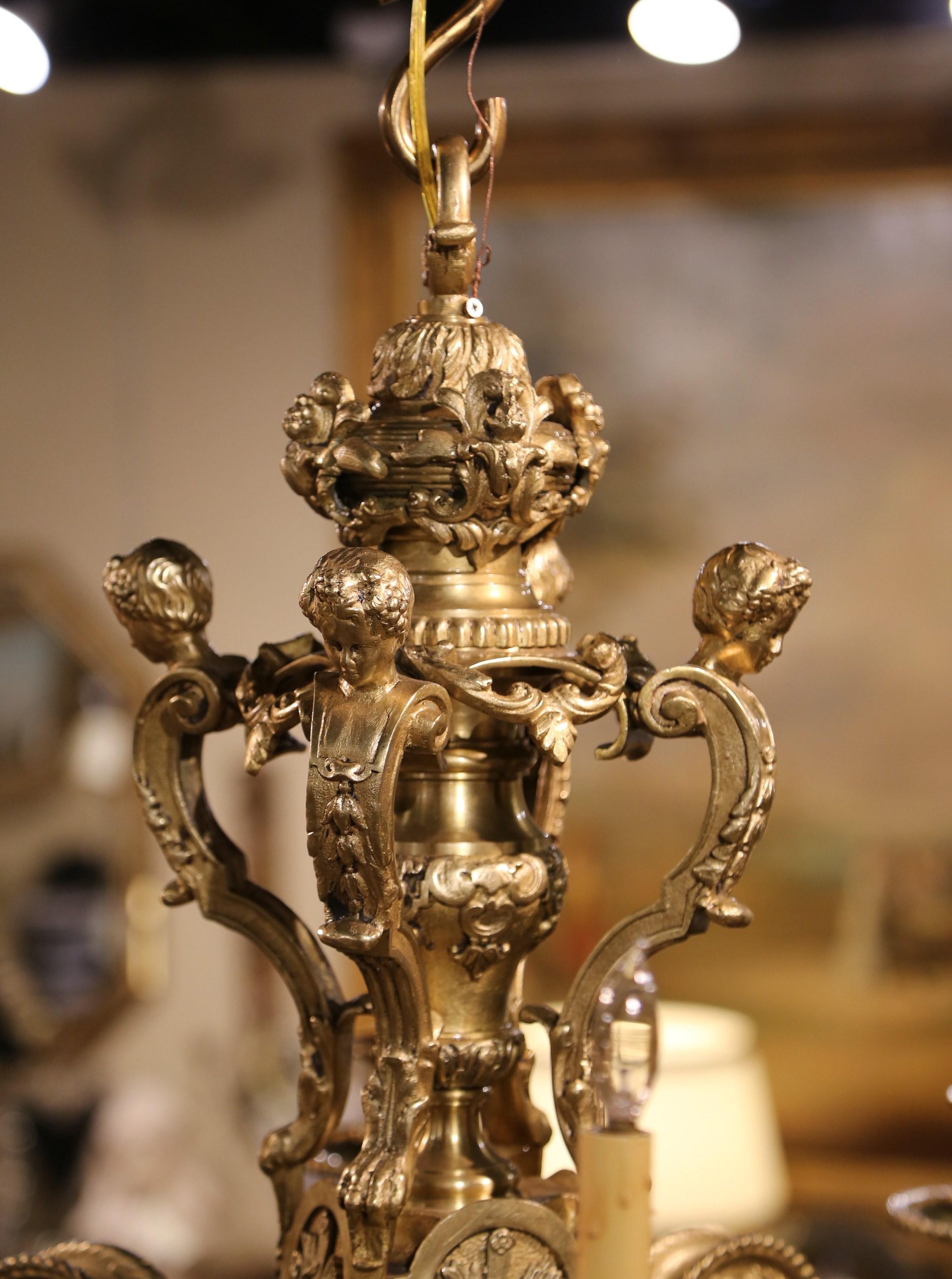 19th Century French Louis XV Patinated Bronze Dore Eight-Light Chandelier For Sale 3