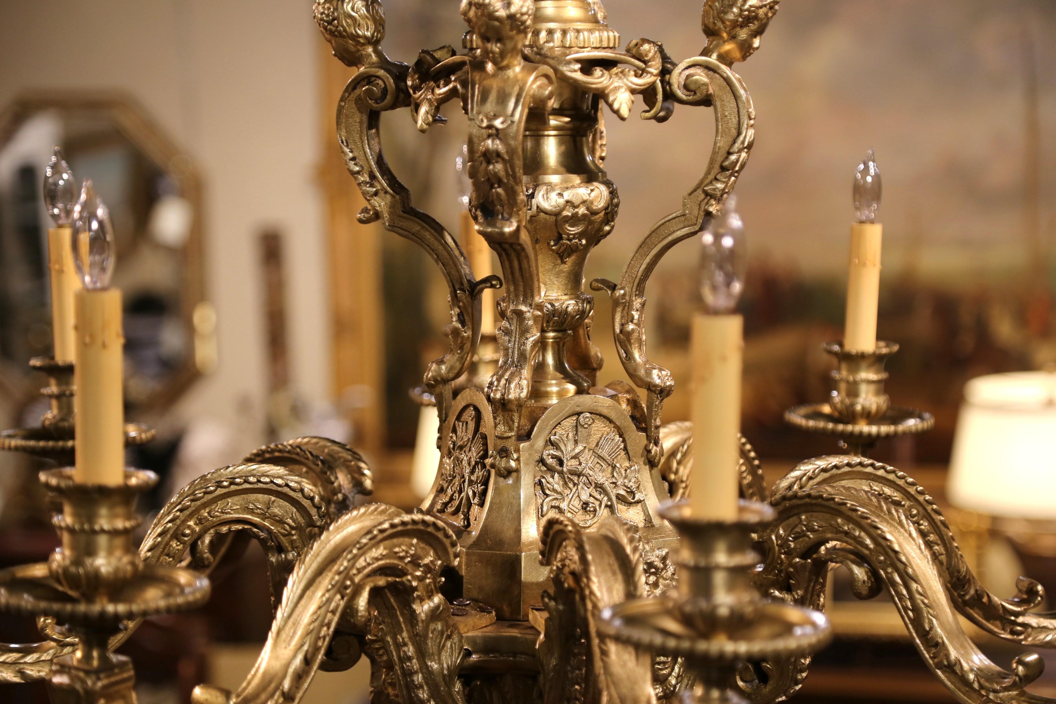 19th Century French Louis XV Patinated Bronze Dore Eight-Light Chandelier For Sale 4