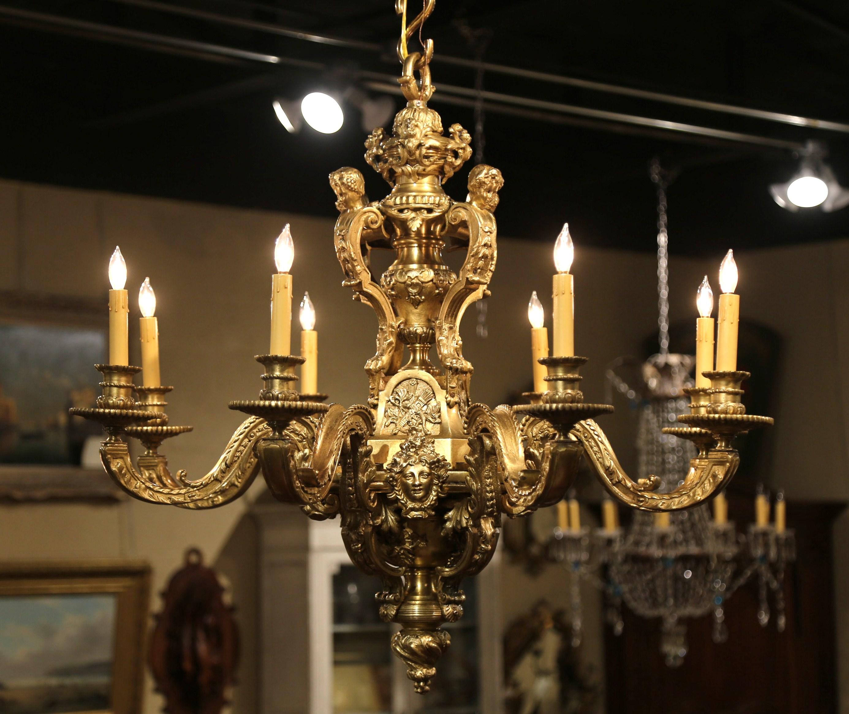 19th Century French Louis XV Patinated Bronze Dore Eight-Light Chandelier 4
