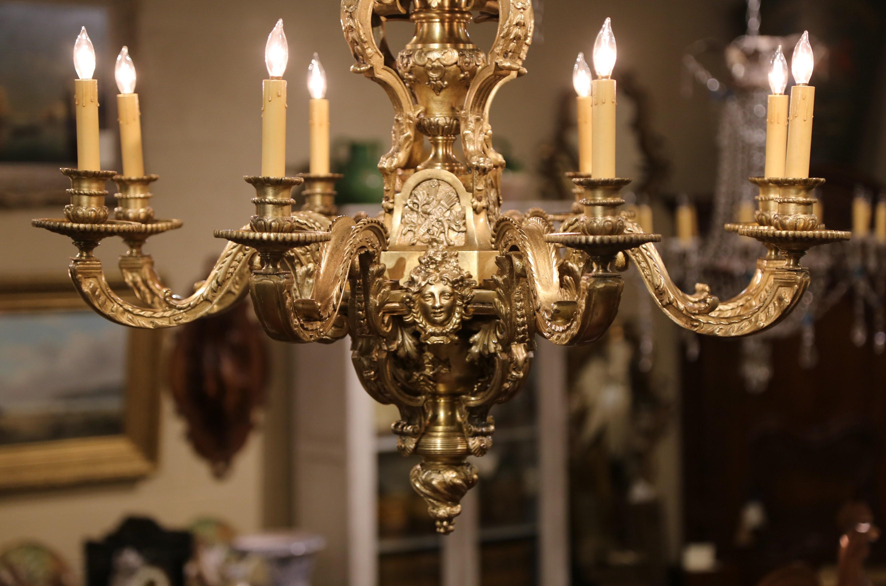 19th Century French Louis XV Patinated Bronze Dore Eight-Light Chandelier For Sale 6