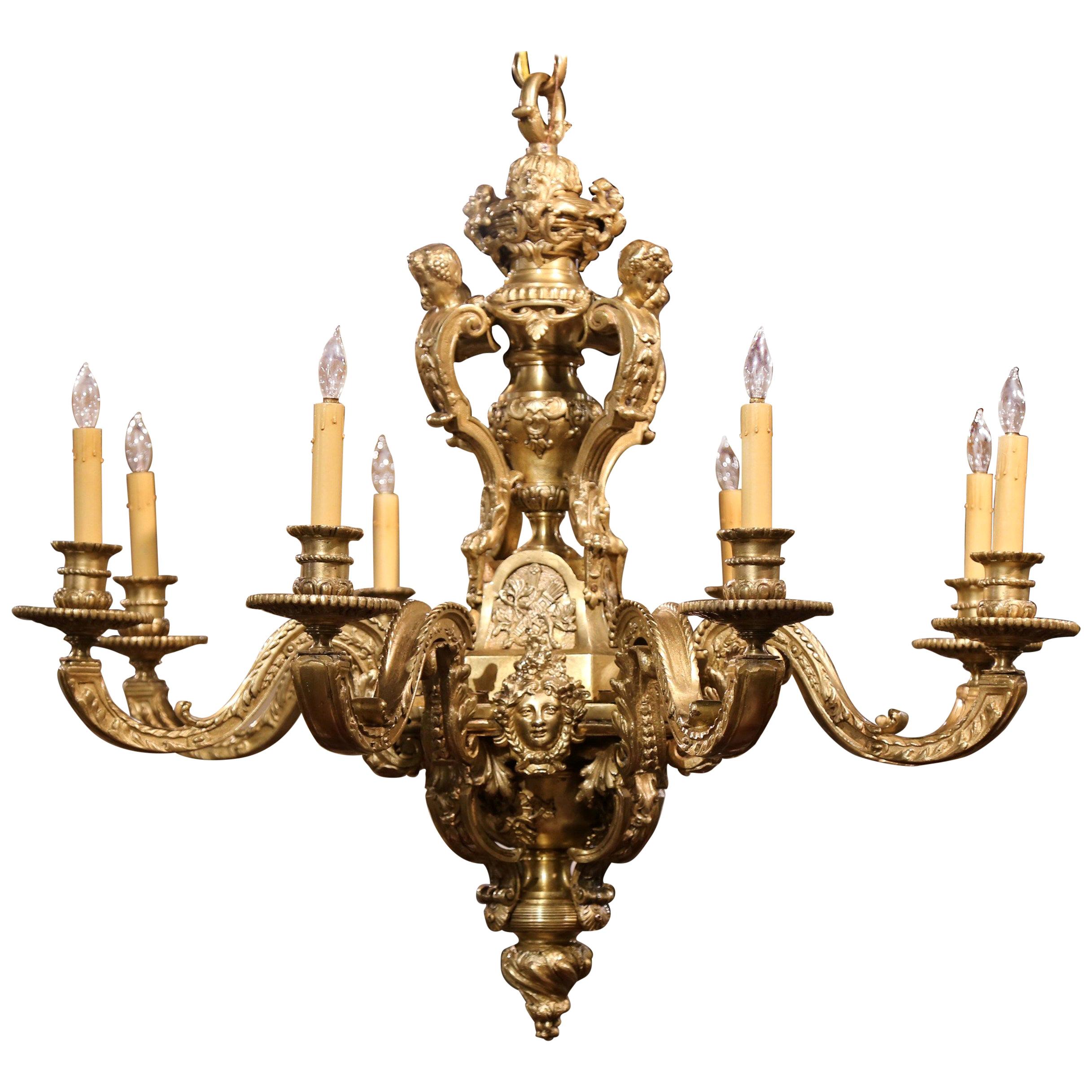 19th Century French Louis XV Patinated Bronze Dore Eight-Light Chandelier For Sale
