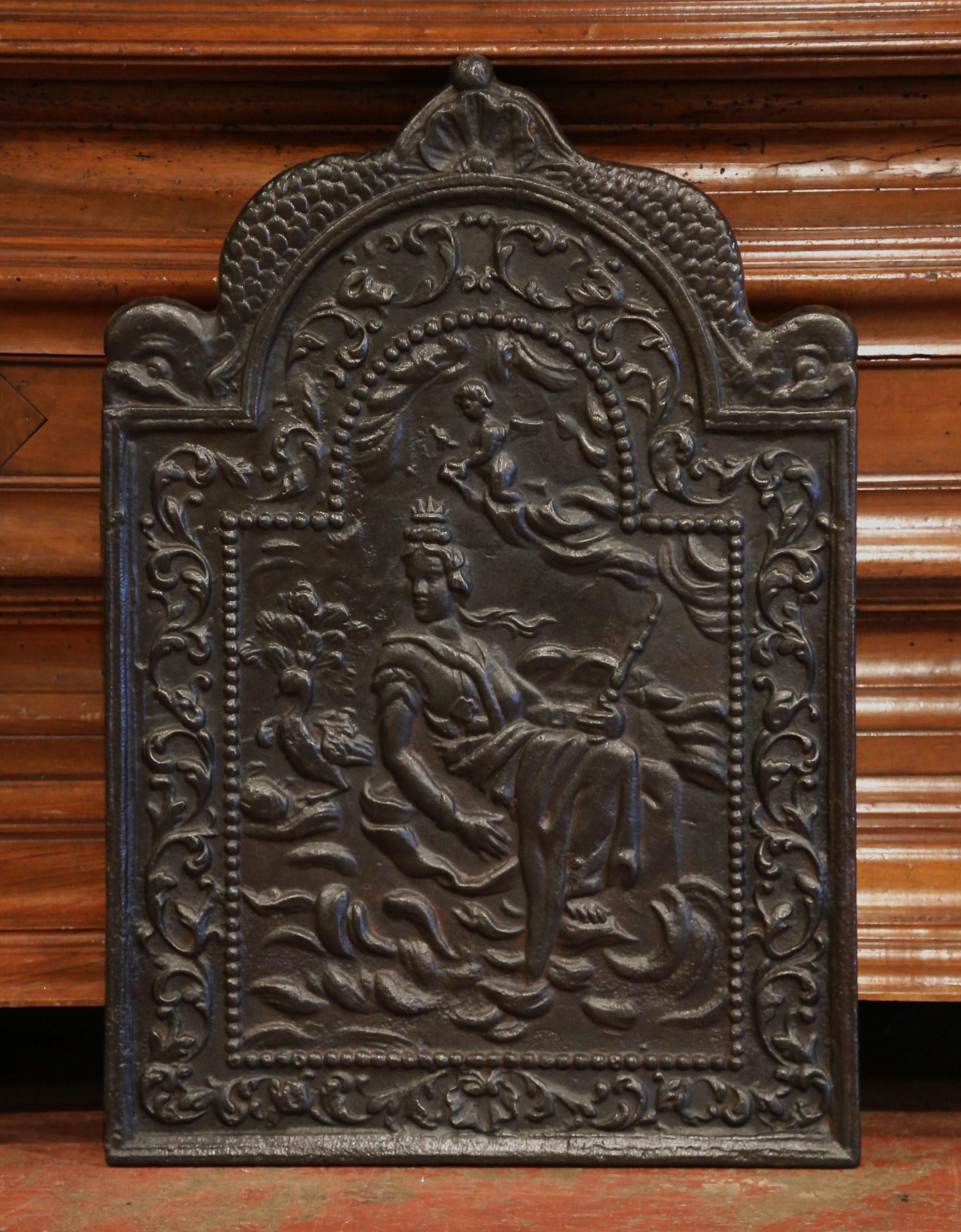 19th Century French Louis XV Polished Iron Fireback with Goddess and Dolphins For Sale 1