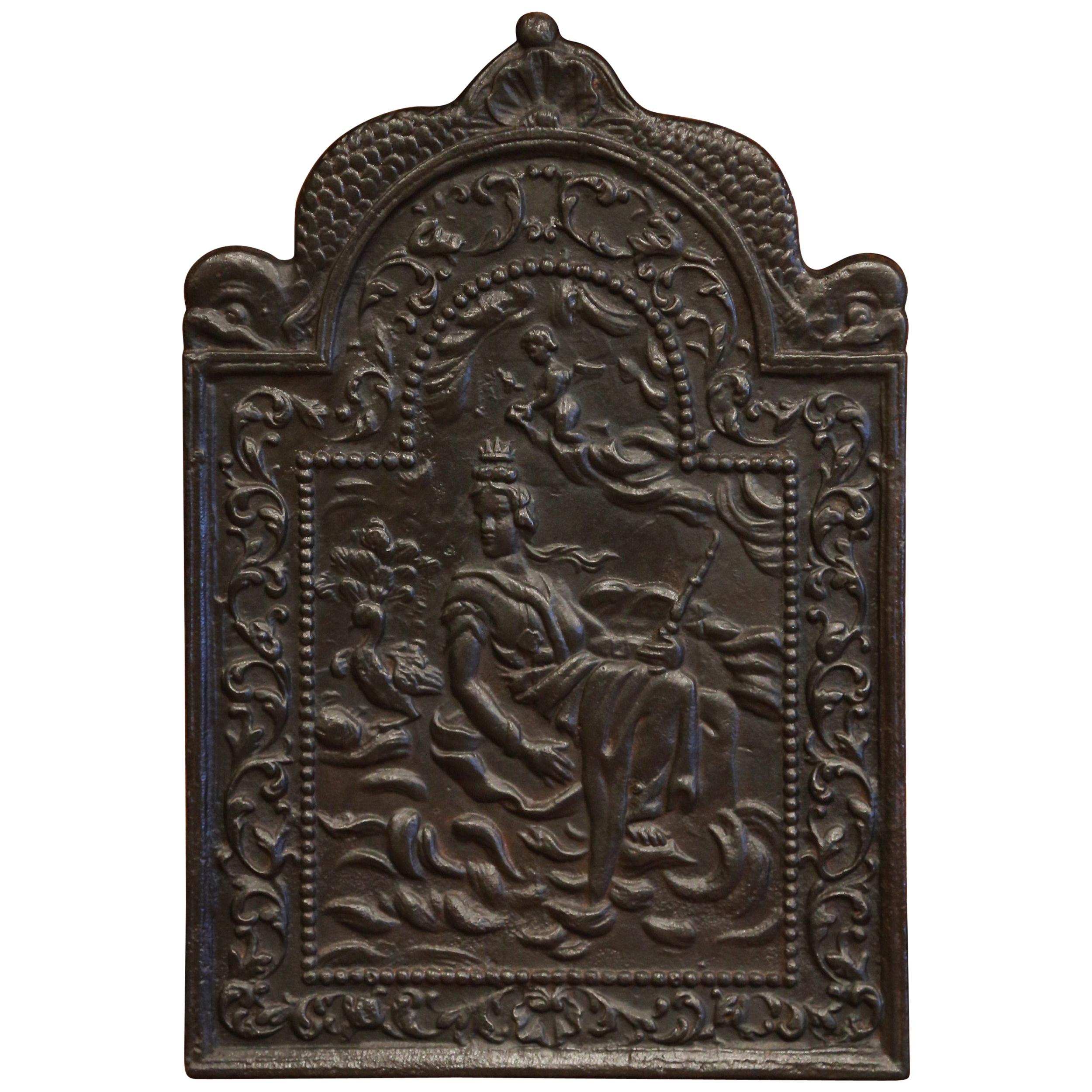 19th Century French Louis XV Polished Iron Fireback with Goddess and Dolphins