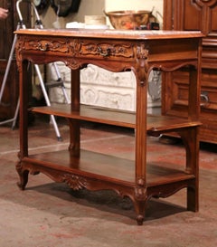 19th Century French Louis XV Provençal Carved Walnut Server with Marble Top