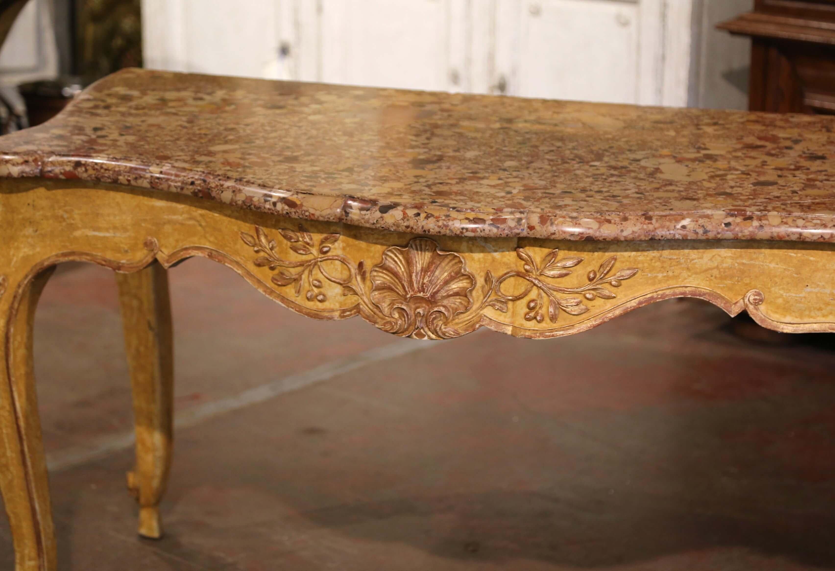 19th Century French Louis XV Provencal Marble Top Carved Painted Console Table  For Sale 6