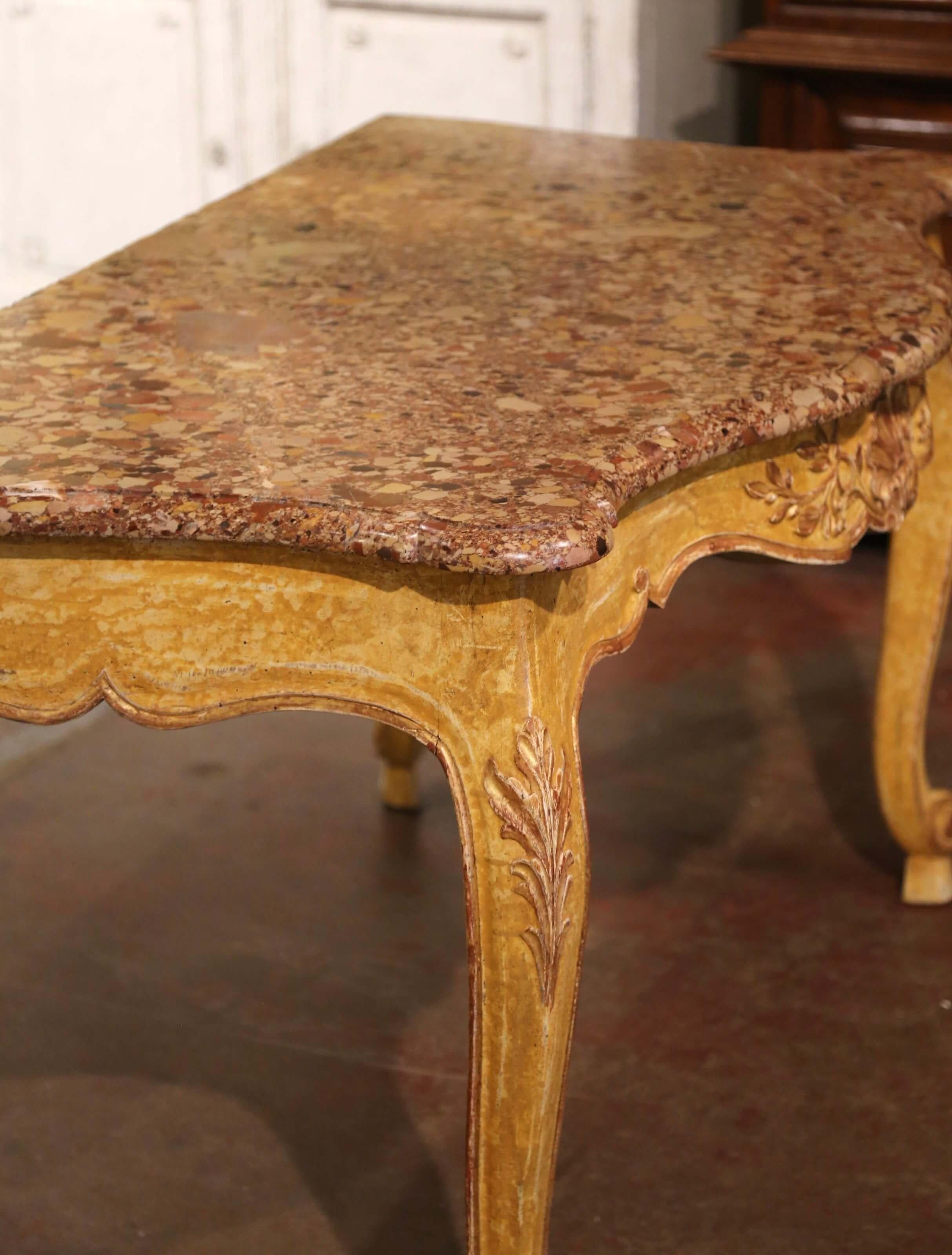 19th Century French Louis XV Provencal Marble Top Carved Painted Console Table  For Sale 7