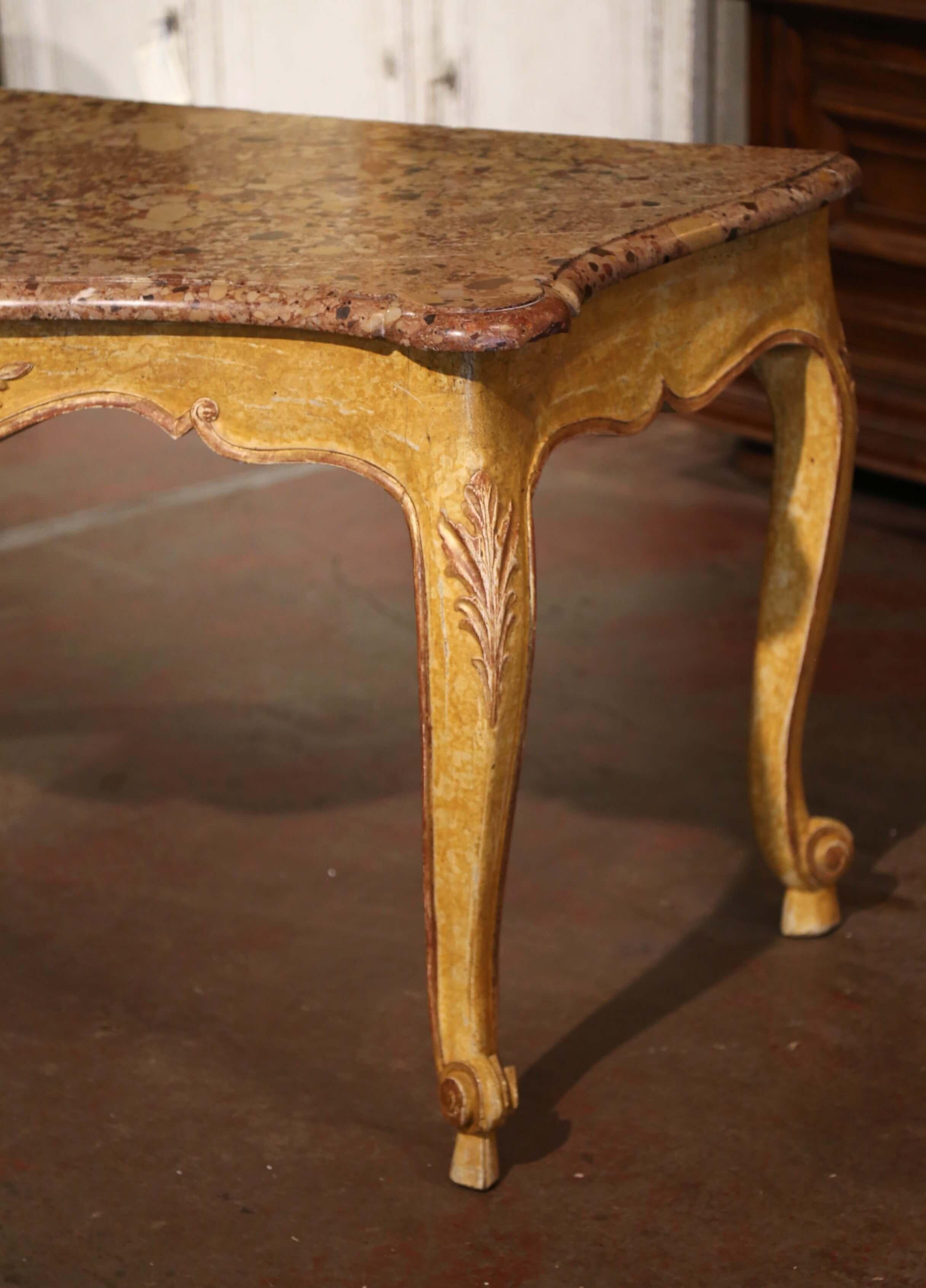 19th Century French Louis XV Provencal Marble Top Carved Painted Console Table  In Excellent Condition For Sale In Dallas, TX