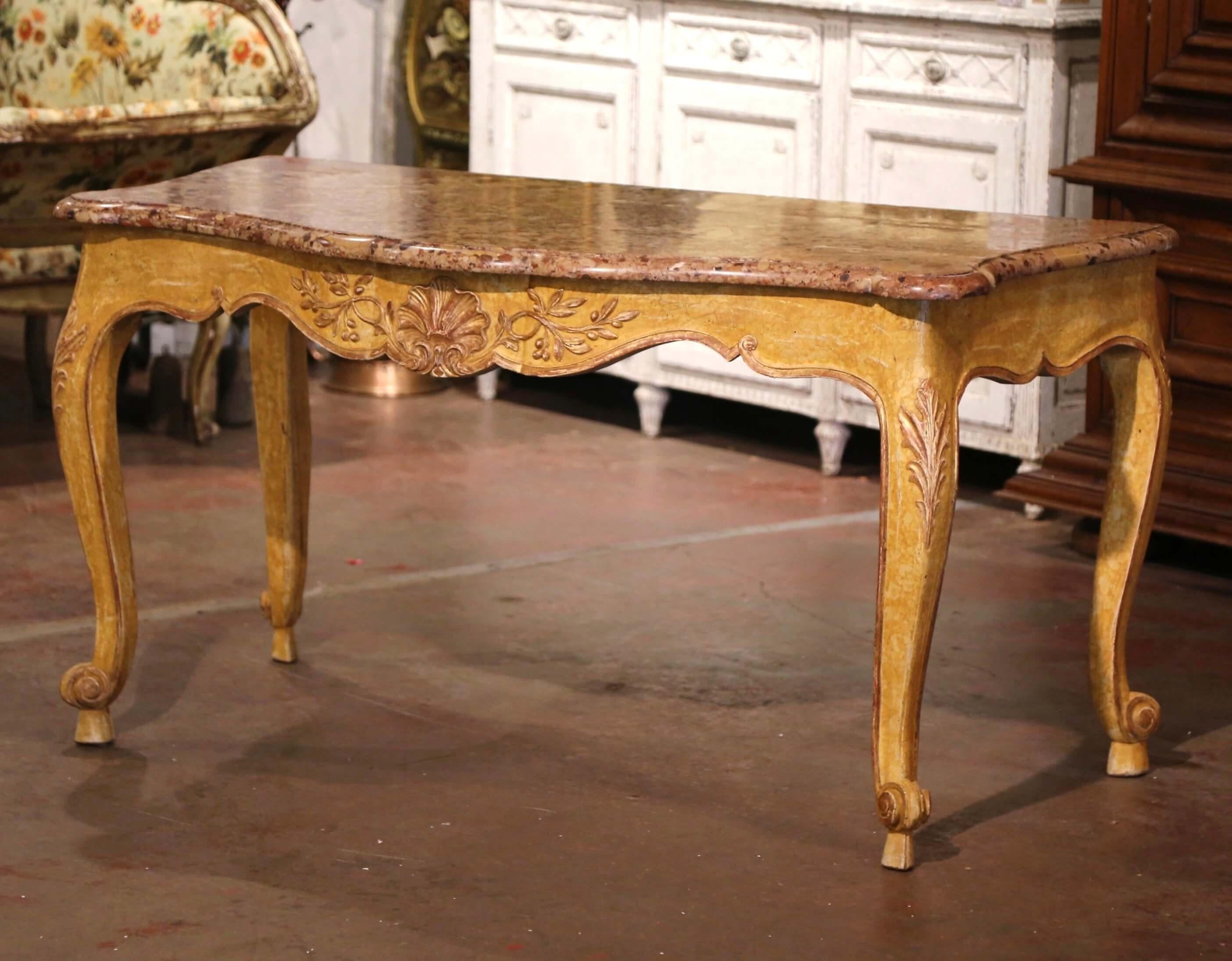 19th Century French Louis XV Provencal Marble Top Carved Painted Console Table  For Sale 1