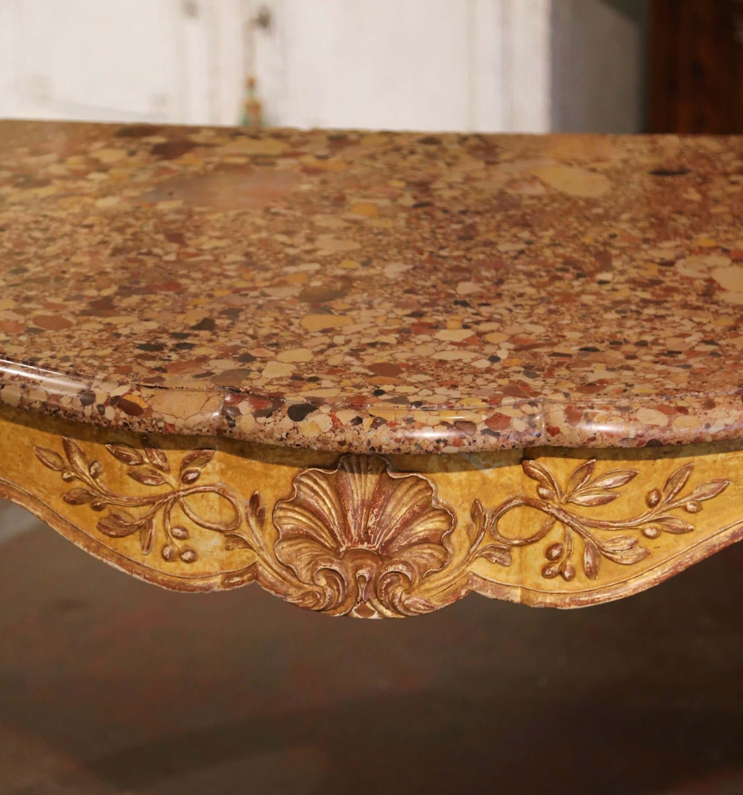 19th Century French Louis XV Provencal Marble Top Carved Painted Console Table  For Sale 2