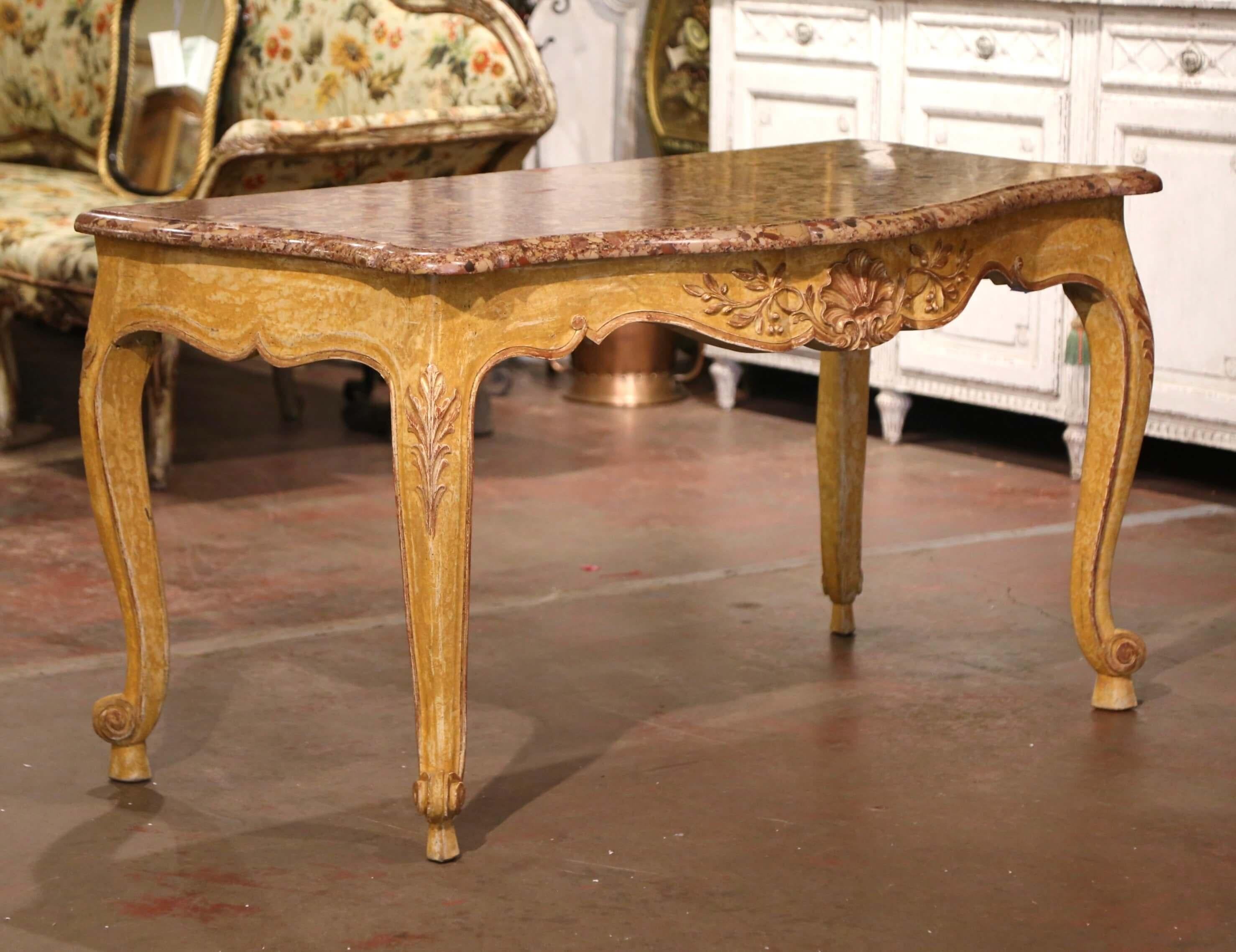 19th Century French Louis XV Provencal Marble Top Carved Painted Console Table  For Sale 4